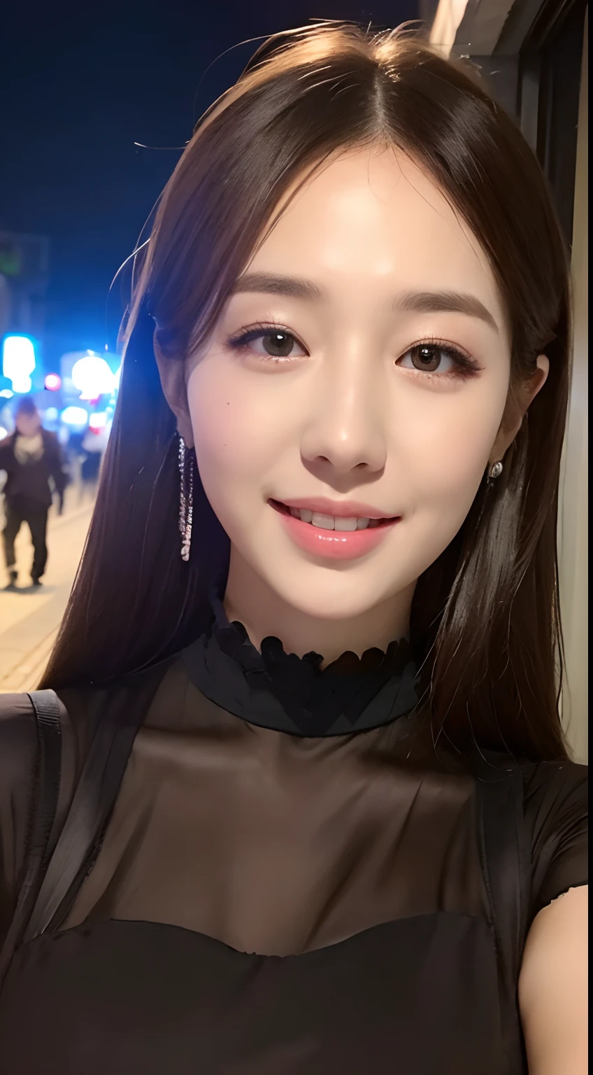 ((Best quality, 8k, Masterpiece :1.3)), 1girl, smiling, full body, slim face, Pretty woman, (Dark brown hair), full length dress :1.1, Ultra-detailed face, Detailed eyes, Double eyelid, blur background, slim face, city, outside, street,