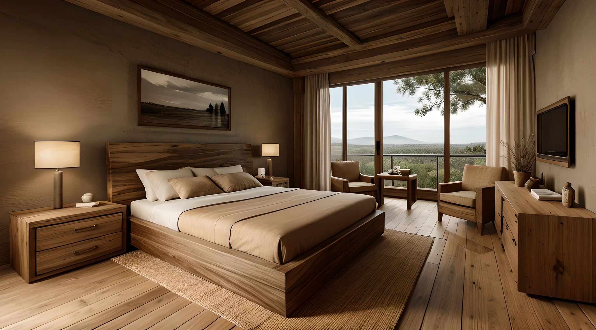 wabi-sabi bedroom interior, wabi-sabi interior style, design tends to be minimalist, calming and natural atmosphere, (earthy color palette), ((rough-hewn wood)), handmade textiles,natural fabrics, tab, lamp, rug, wood floor, drapes,glass window, (rough-hewn ceiling), (rough-hewn wall),  television, rough-hewn wood cabinet, picture frames, antique furniture and decor items, natural light, softlight,