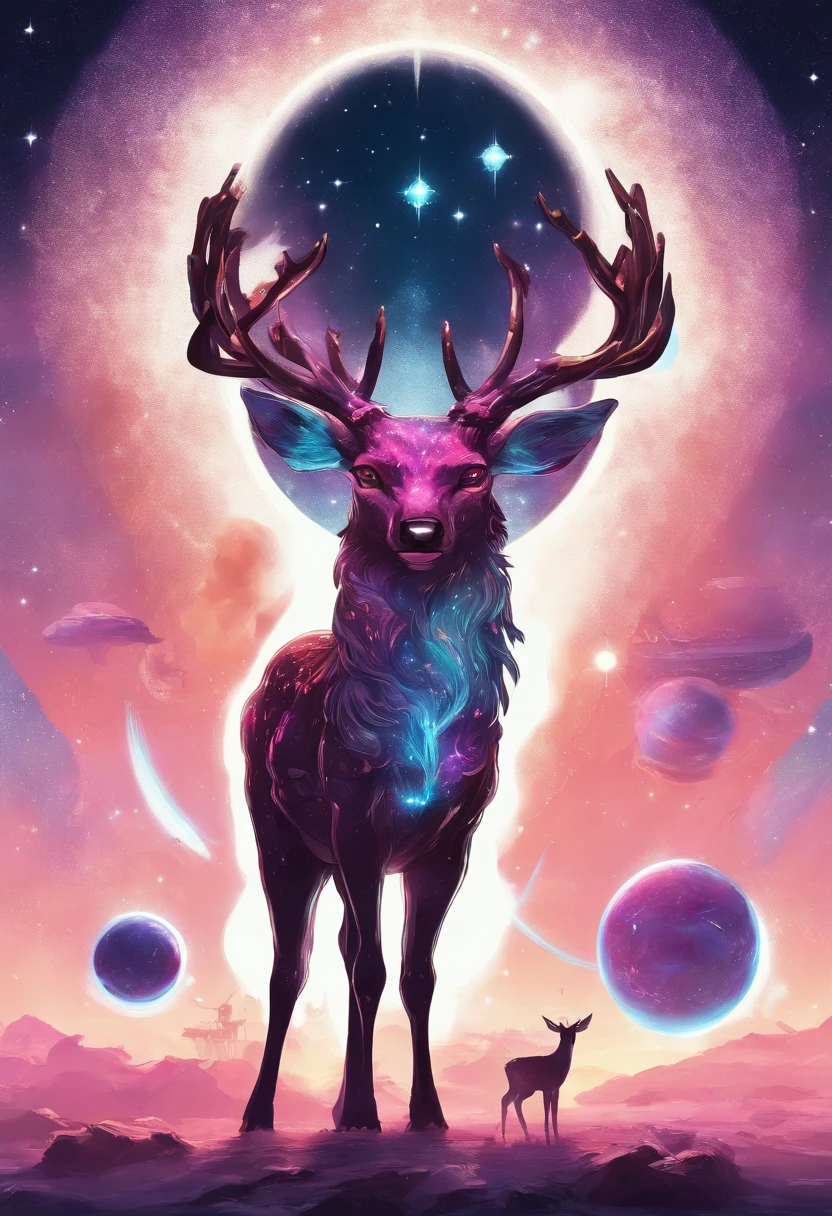Quadrupedal, four thin legs, deer like tail, deer like ears, deer like horns, pitch black skin, chubby belly, wide hips, thick thighs, massive rear.