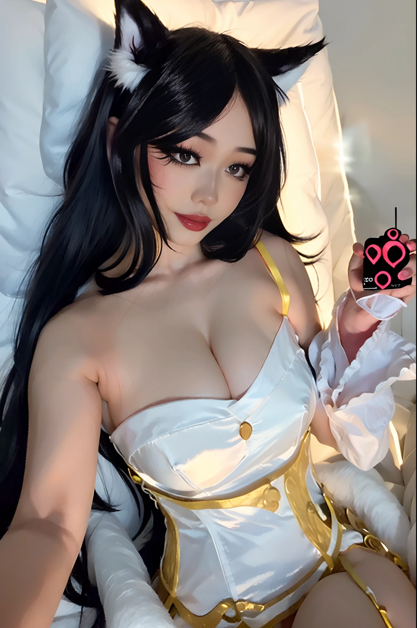 Ahri_Cosplay, White Tails, Black long hair, yellow eyes, best quality,highres,ultra-detailed,realistic:1.37,portrait, intercate face details, makeup, eyeliner, good proportions, sexiest quality, smirk, facing forward,