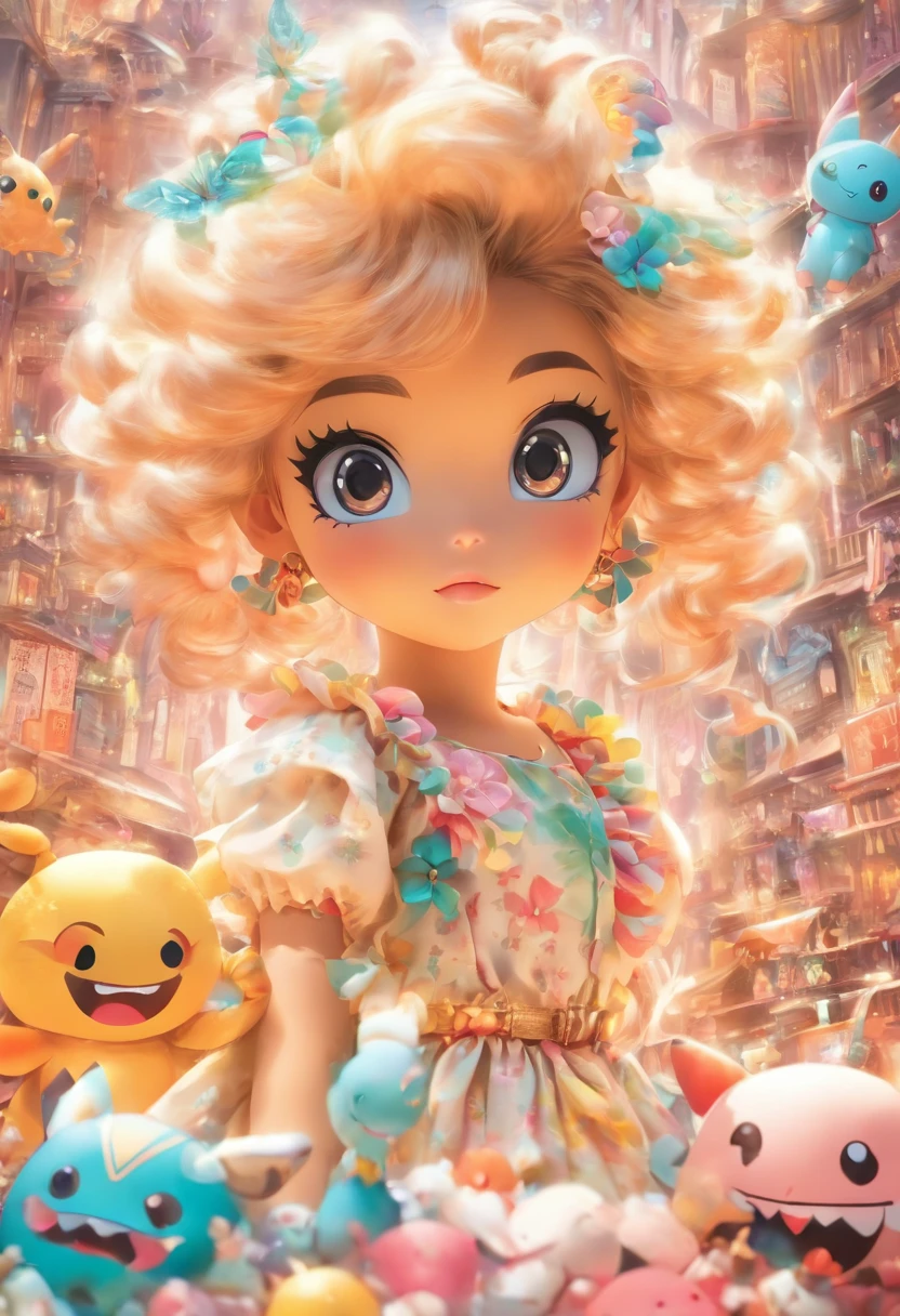 （Photo of a doll in a dress）, loli in dress, Loli, 
Background with：All kinds of cosmetics for girls，trinkets，Neatly arranged
The artwork in the Guvez style is of high quality、high-level image quality、Kawaii Scorpio、Unprecedented amount of drawing、
style of anime，niji. journey V5