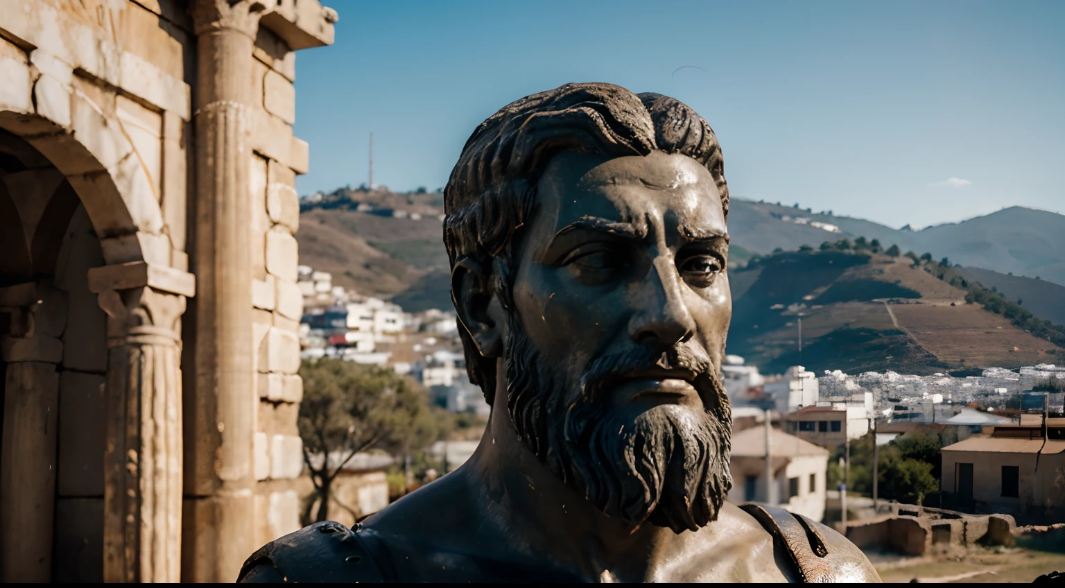 Ancient Stoic Statue With Very Angry Expression, tem barba, muitos detalhes em ambos os olhos, Outside, fundo atenas grego, open sky, com rosto extremamente detalhado full body view, Colors with low saturation with dark tone, Filmado em Sony A7S III com Sony FE 35mm f/1.8, 12.1 MP, --AR 3:2 --estilo cru
