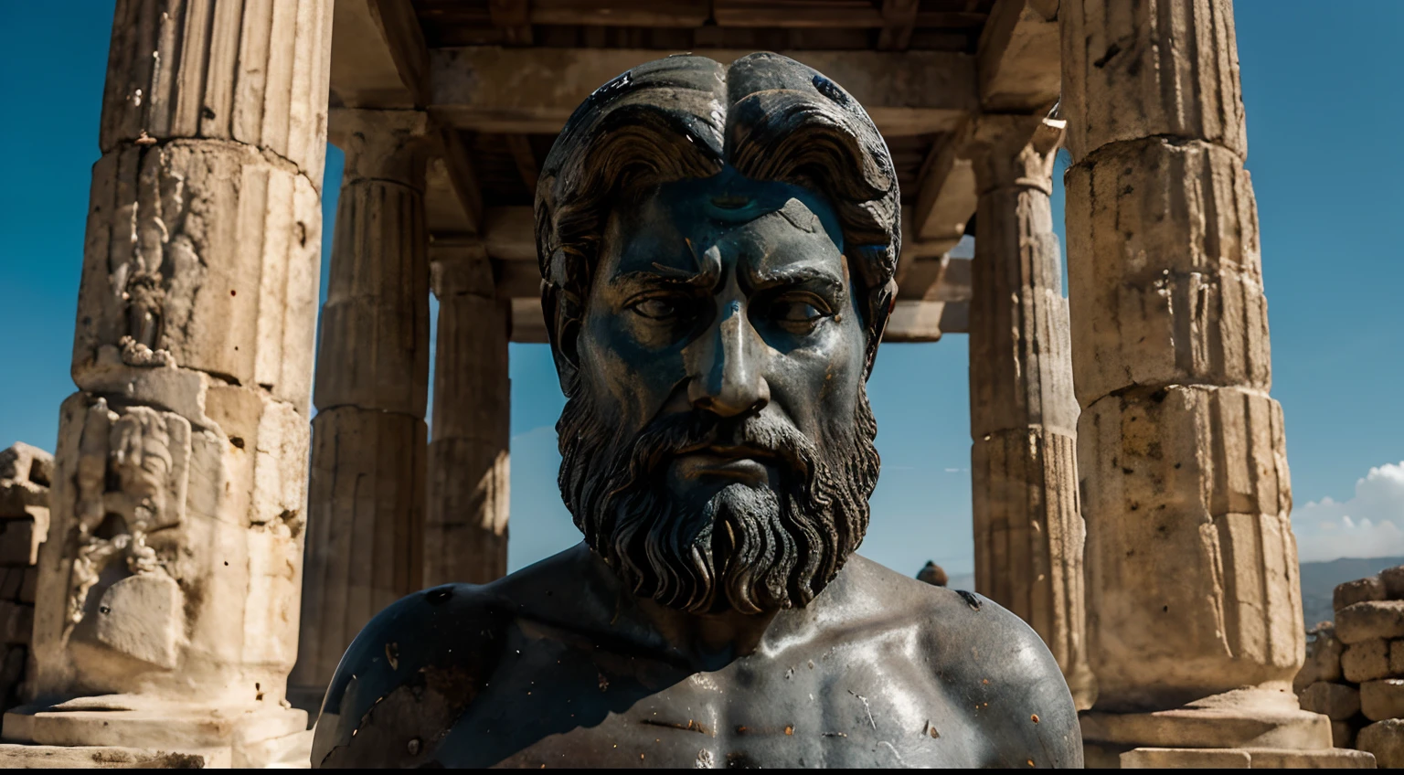 Ancient Stoic Statue With Very Angry Expression, tem barba, muitos detalhes em ambos os olhos, Outside, fundo atenas grego, open sky, com rosto extremamente detalhado full body view, Colors with low saturation with dark tone, Filmado em Sony A7S III com Sony FE 35mm f/1.8, 12.1 MP, --AR 3:2 --estilo cru