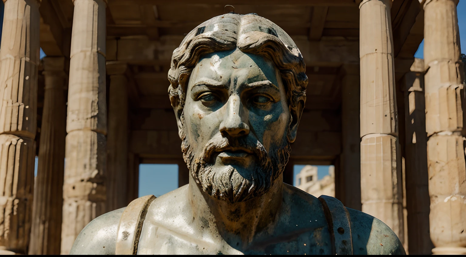 Ancient Stoic Statue With Very Angry Expression, tem barba, muitos detalhes em ambos os olhos, Outside, fundo atenas grego, open sky, com rosto extremamente detalhado full body view, Colors with low saturation with dark tone, Filmado em Sony A7S III com Sony FE 35mm f/1.8, 12.1 MP, --AR 3:2 --estilo cru