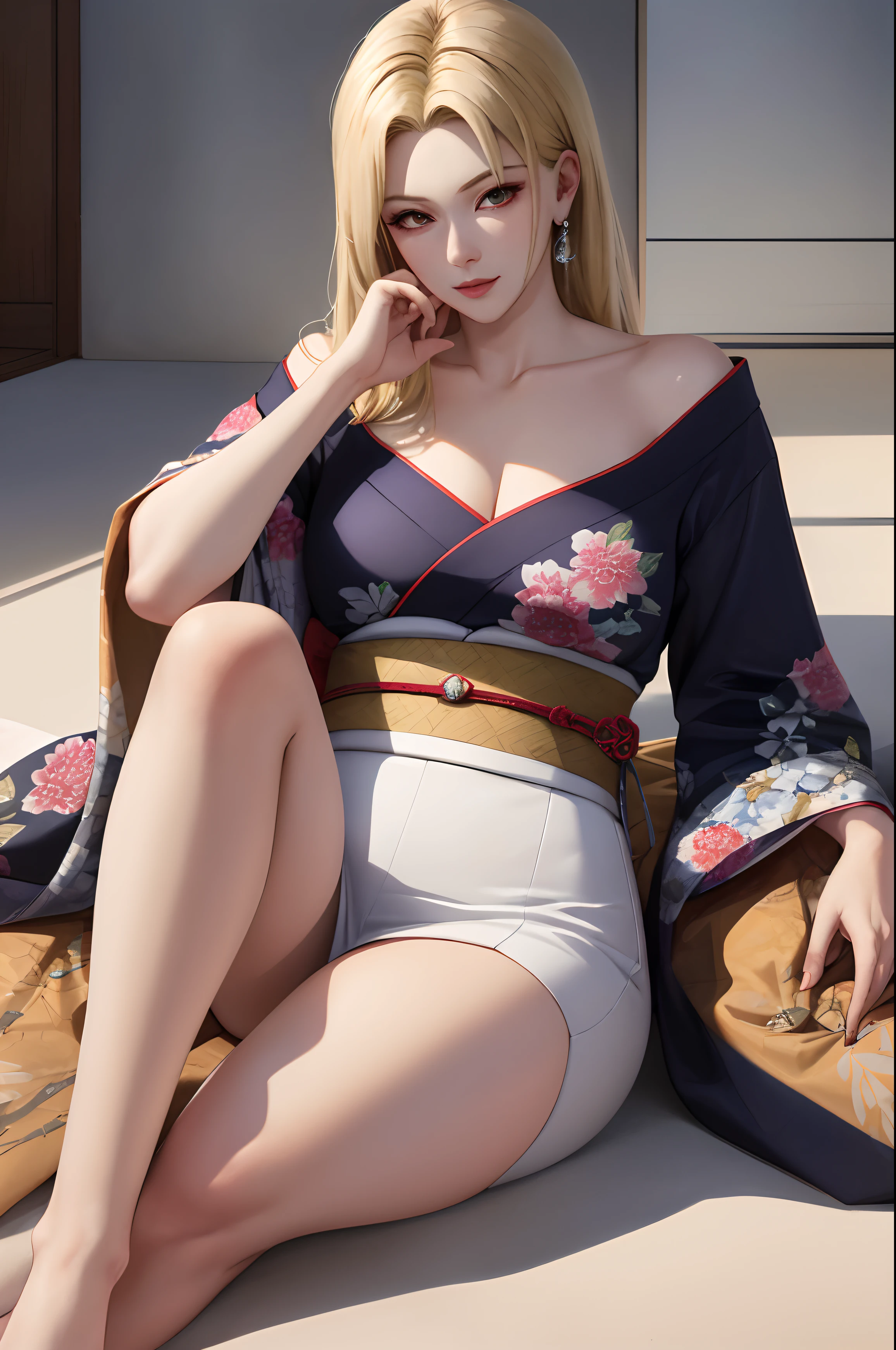 Tsunade Senju Cute Cute Blonde Curvy Body and Muscles、snow-white skin with a nice waist、Lying on the floor wearing a realistic kimono、Highly detailed photorealistic and ultra-hyperreal sim 8k quality of face and body
information