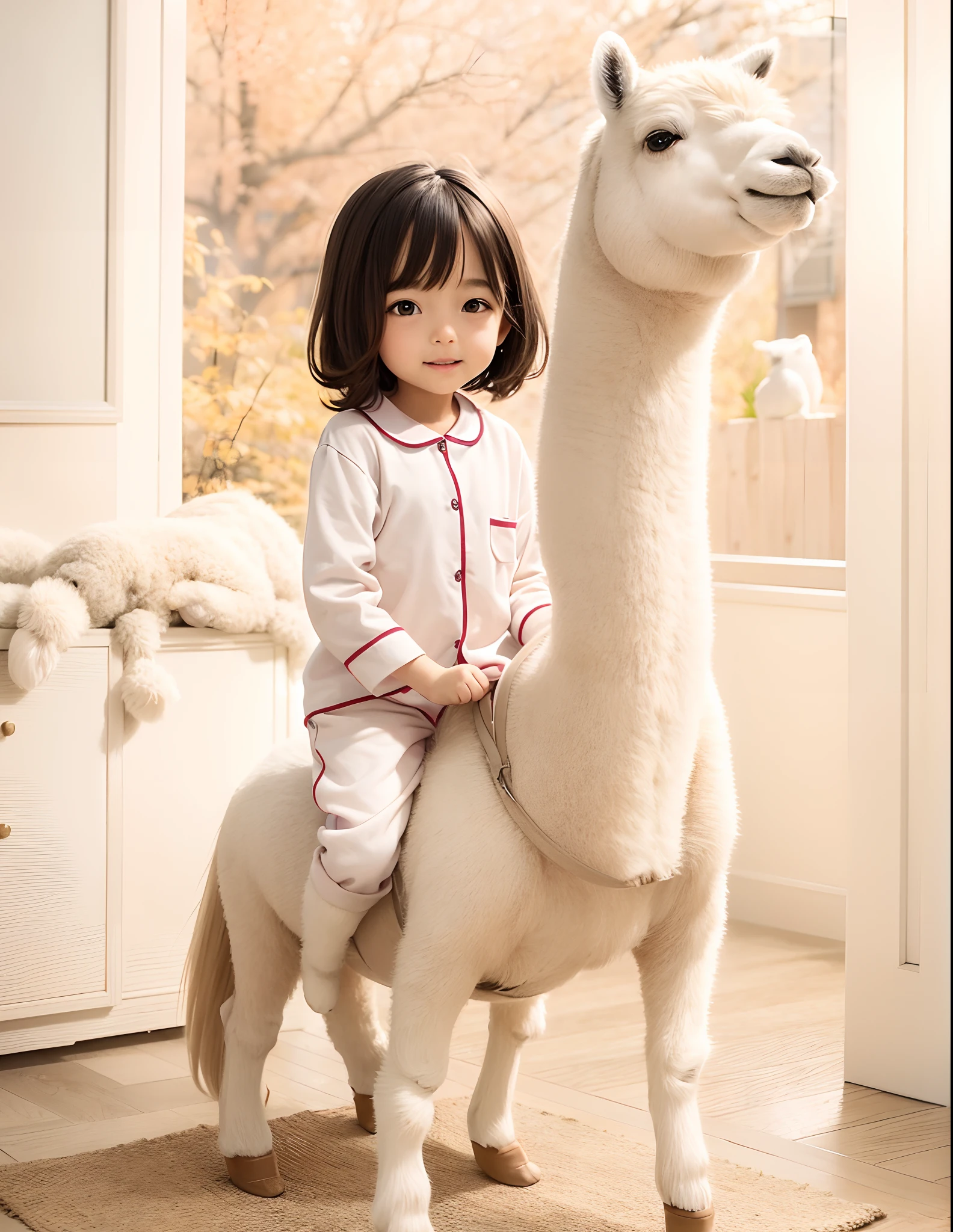 Cute girl riding alpaca,ssmile,Short hair for students,In pajamas,Wear slippers,hyper HD,Masterpiece,The illustration is a high-definition illustration in 4K resolution,With very detailed facial features and cartoon-style visuals
