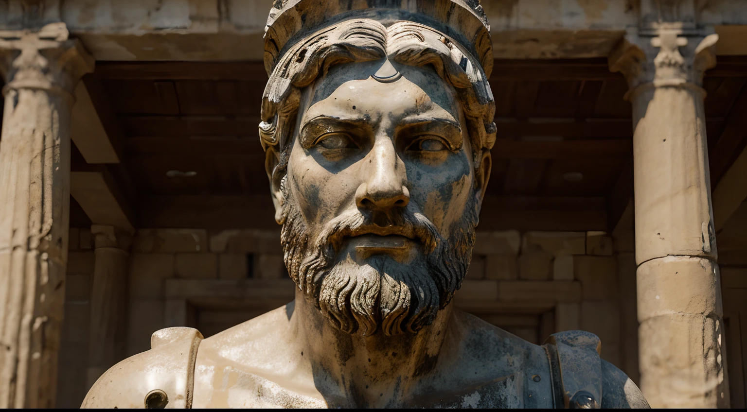 Ancient Stoic Statue With Very Angry Expression, tem barba, muitos detalhes em ambos os olhos, Outside, fundo atenas grego, open sky, com rosto extremamente detalhado full body view, Colors with low saturation with dark tone, Filmado em Sony A7S III com Sony FE 35mm f/1.8, 12.1 MP, --AR 3:2 --estilo cru