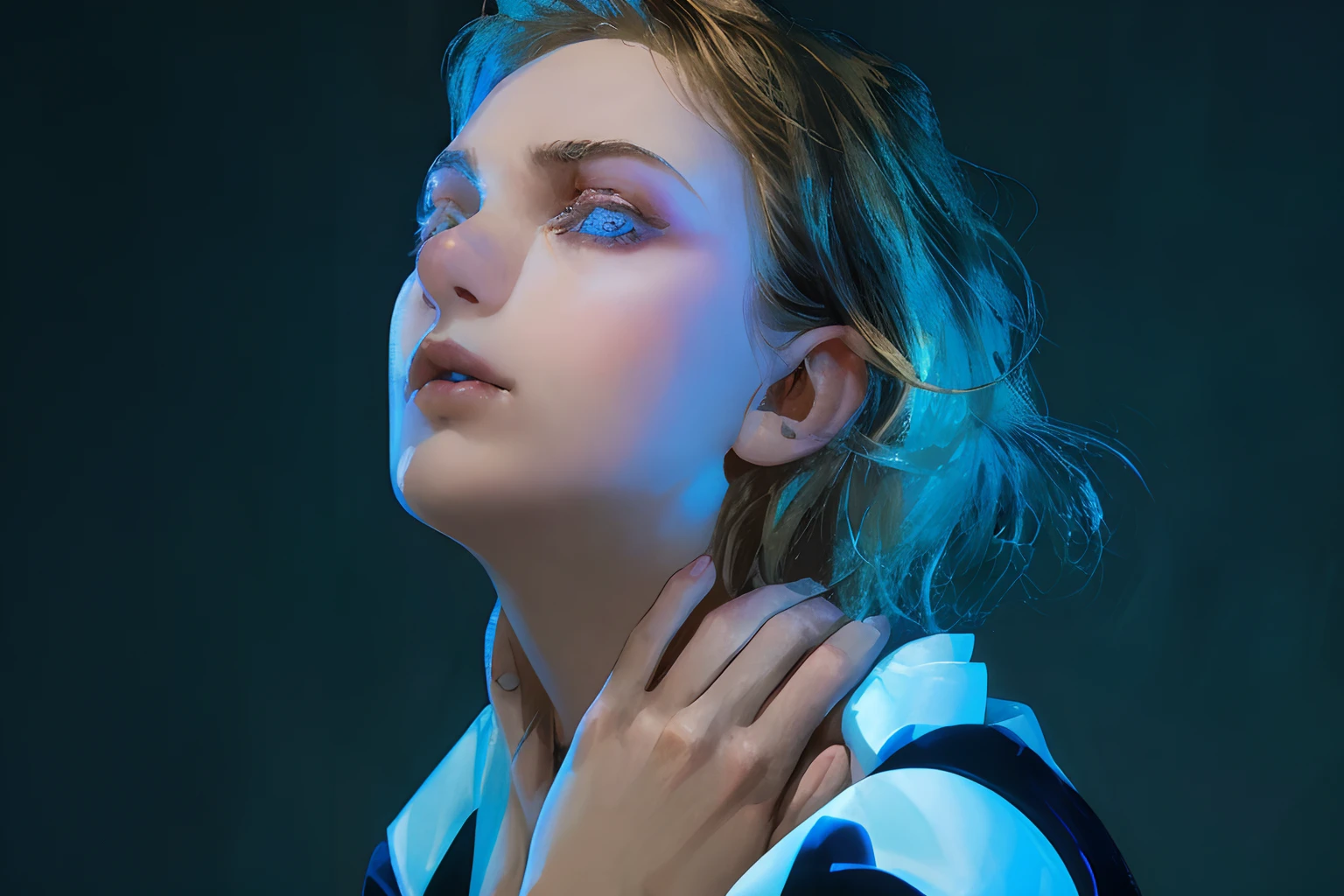 Woman with blonde hair，Blue eyes and white shirt pose for a photo, editorial portrait, Dramatic lighting of the face, beautiful portrait lighting, Dramatic soft shadow lighting, Soft portrait shot 8 K, editorial photography, shot at dark with studio lights, Understated dramatic lighting, dramatic lighting and colors