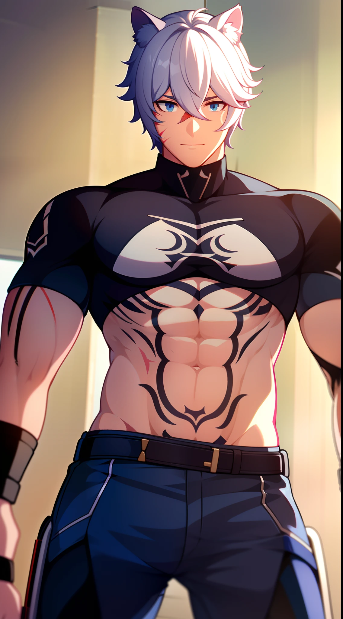 Young guy, short white hair, purple eyes, cat ears, superhero uniform, open torso, pants, scars, tattoos, masterpiece, high quality