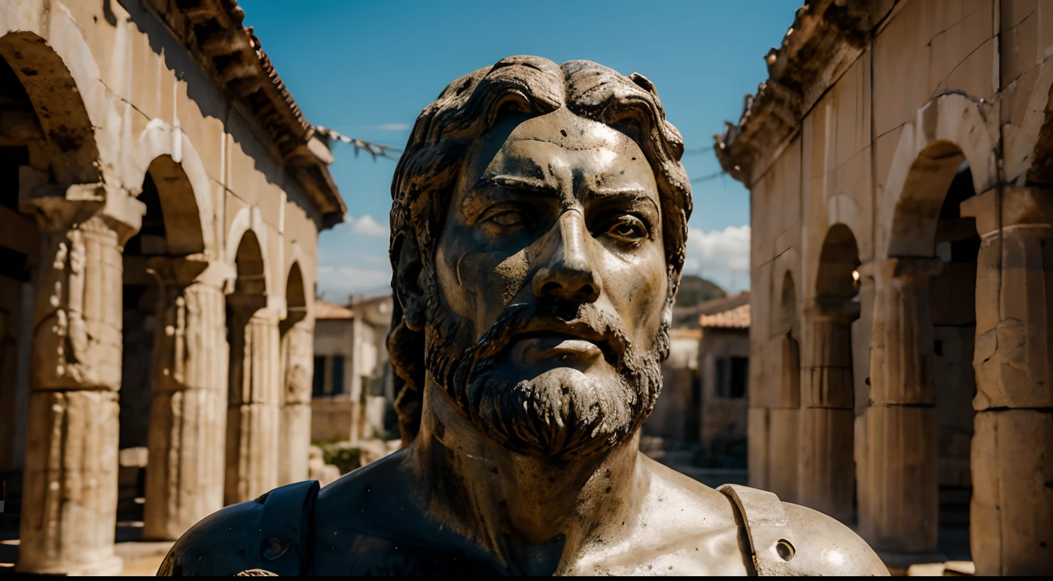 Ancient Stoic Statue With Very Angry Expression, tem barba, muitos detalhes em ambos os olhos, Outside, fundo atenas grego, open sky, com rosto extremamente detalhado full body view, Colors with low saturation with dark tone, Filmado em Sony A7S III com Sony FE 35mm f/1.8, 12.1 MP, --AR 3:2 --estilo cru