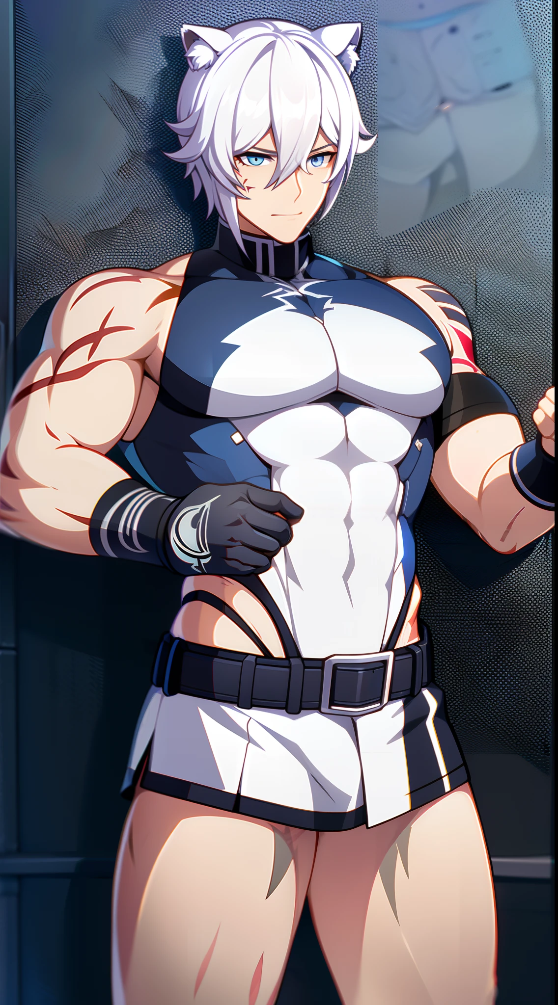 Grown-up guy, short white hair, cat ears, blue eyes, Combat uniform, musculature, open torso, belts, Scars, tattoo, claws, Masterpiece, hiquality, 4k, HD, Good detail