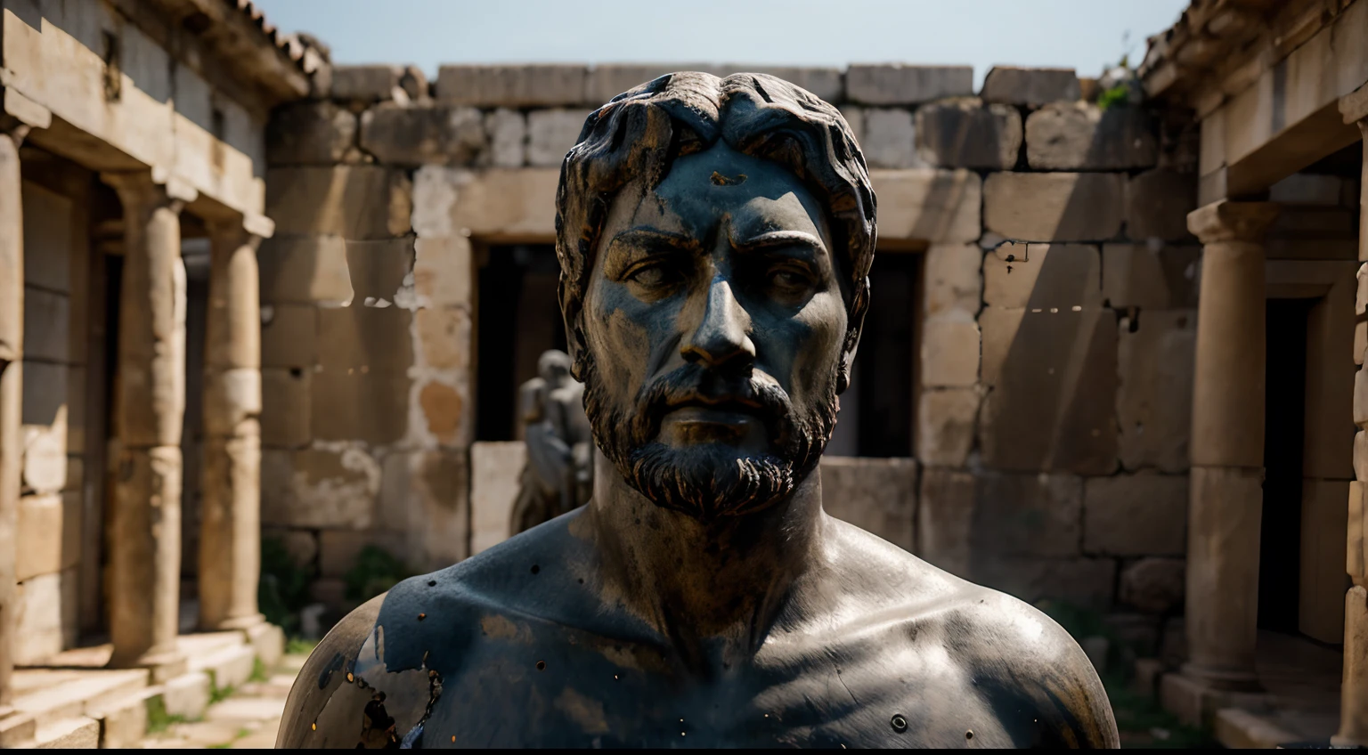 Ancient Stoic Statue With Very Angry Expression, tem barba, muitos detalhes em ambos os olhos, Outside, fundo atenas grego, open sky, com rosto extremamente detalhado full body view, Colors with low saturation with dark tone, Filmado em Sony A7S III com Sony FE 35mm f/1.8, 12.1 MP, --AR 3:2 --estilo cru