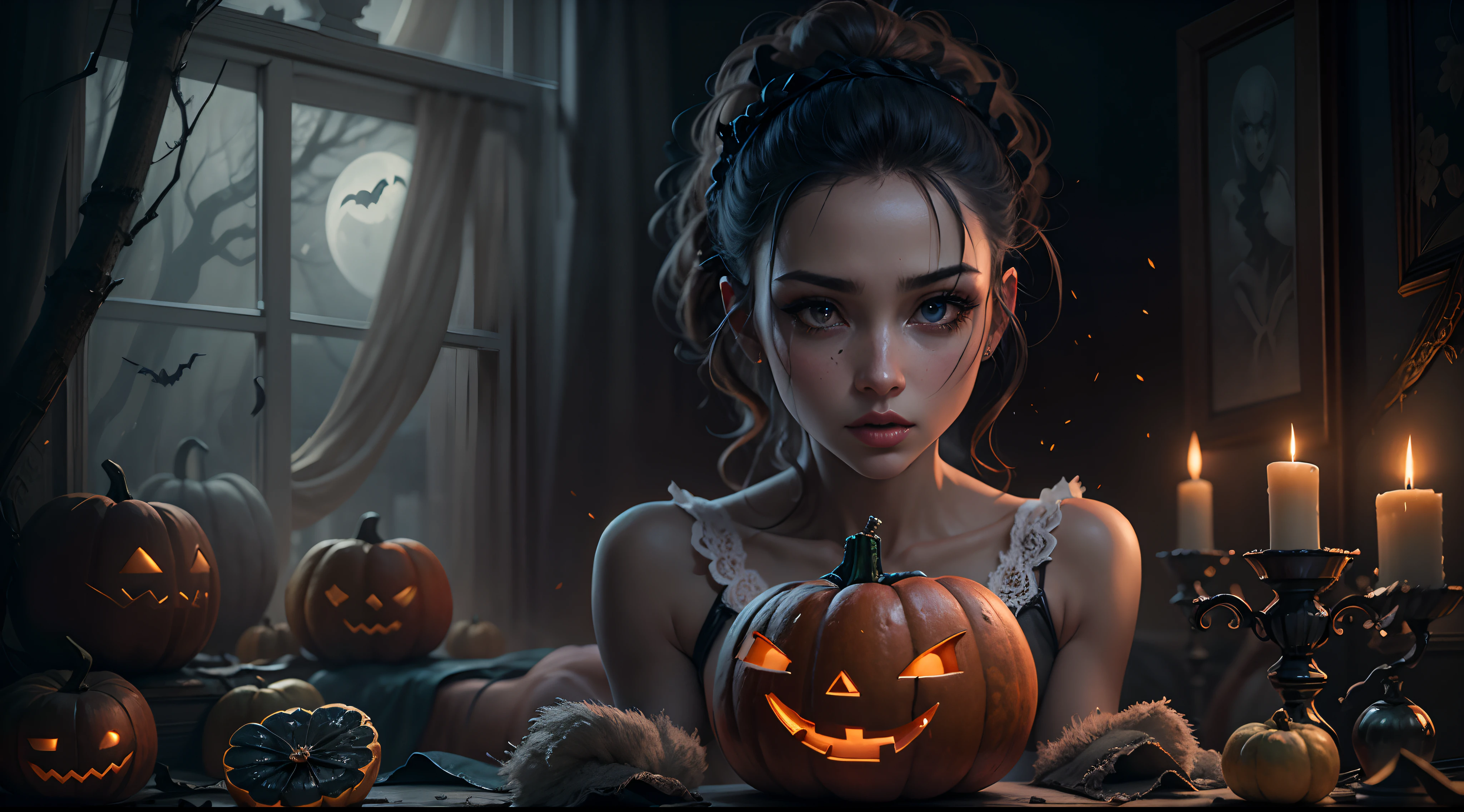 A spooky Halloween scene with an adult theme, incorporating elements of horror and sensuality. The main focus is on creating an alluring and provocative atmosphere, while also maintaining a sense of mystery and darkness. The scene includes beautiful detailed eyes, beautiful detailed lips, extremely detailed eyes and face, long eyelashes. The artwork is rendered in a medium such as oil painting, showcasing vivid colors and sharp focus. The image quality is of the highest standard, with a resolution of 4K or 8K, capturing every ultra-detailed aspect. The lighting is expertly crafted, creating a captivating play of shadows and highlights. The overall color tone is dark and seductive, with a touch of eerie ambiance. This scene is not designed for a general audience, and discretion is advised.