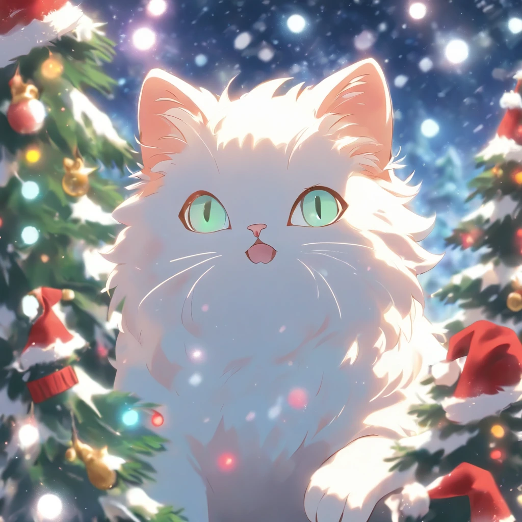 White Cat Christmas,biologically correct,One cat wearing a Santa hat,Very fun