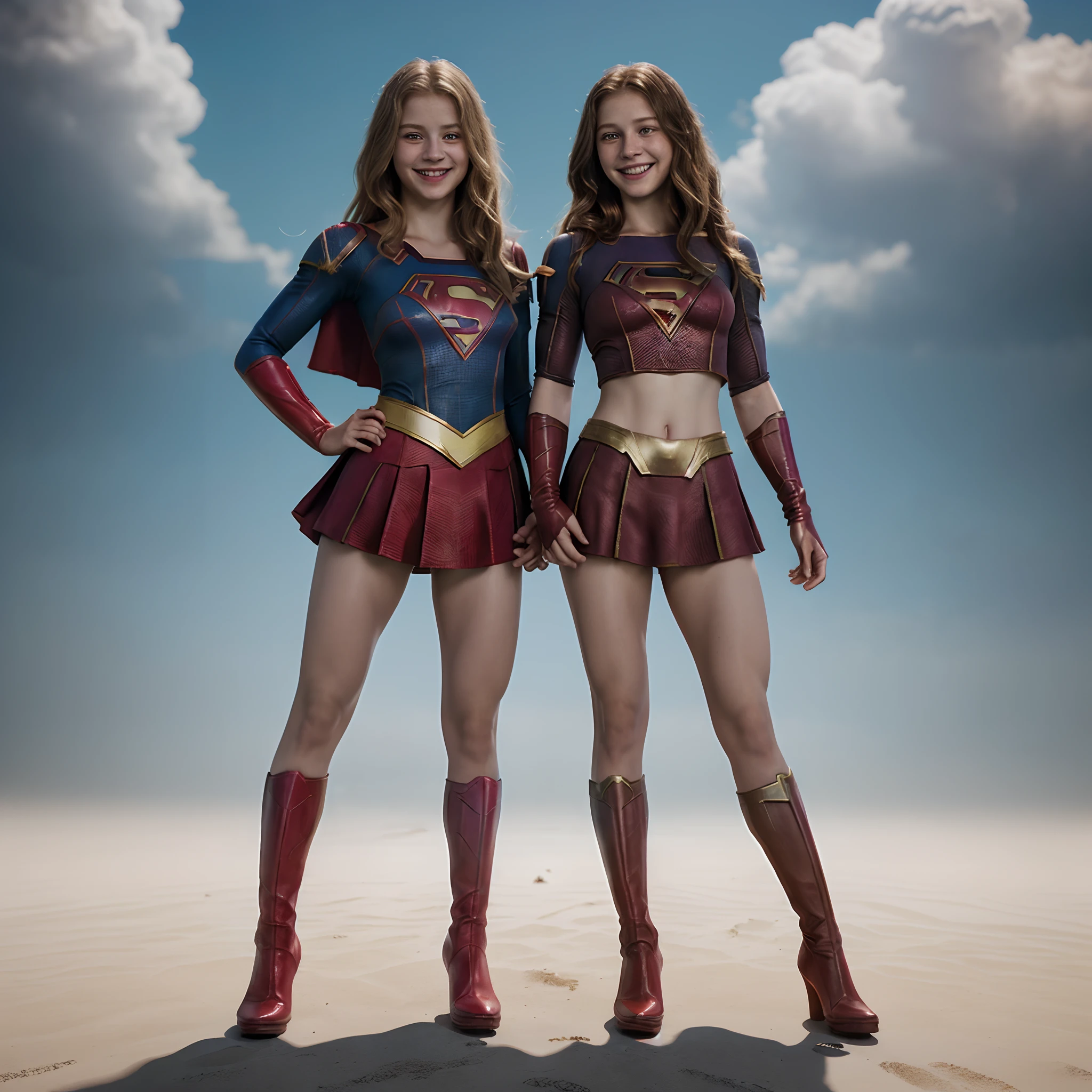 young Melissa Benoist as Supergirl and young Helen Slater as Supergirl ,They are smiling ing in sky together.  red boots, very long wavy blonde hair, portrait, full body photo, finely detailed costume, cinematic lighting, intricate filigree spandex design, 4k, 8k, unreal engine, octane render, real life, Amazon !