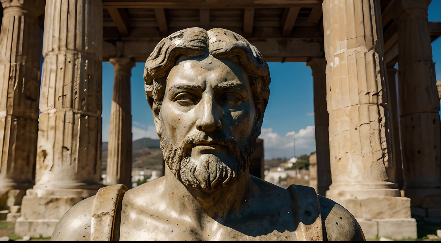 Ancient Stoic Statue With Very Angry Expression, tem barba, muitos detalhes em ambos os olhos, Outside, fundo atenas grego, open sky, com rosto extremamente detalhado full body view, Colors with low saturation with dark tone, Filmado em Sony A7S III com Sony FE 35mm f/1.8, 12.1 MP, --AR 3:2 --estilo cru