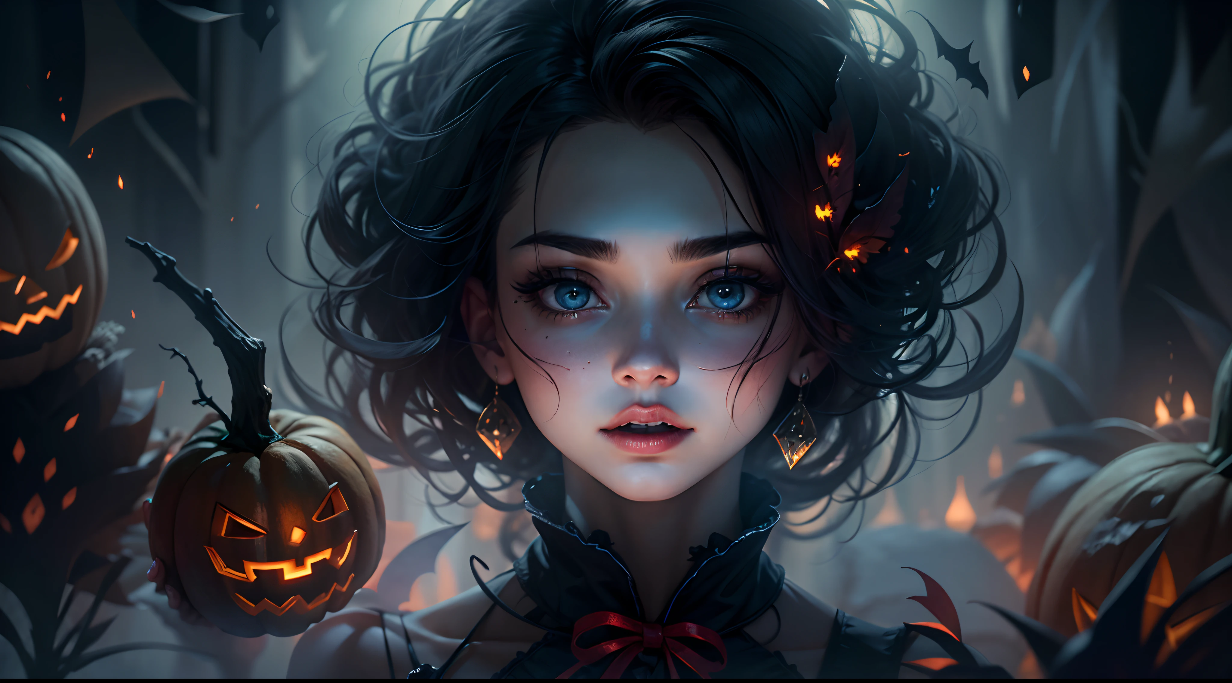 A spooky Halloween scene with an adult theme, incorporating elements of horror and sensuality. The main focus is on creating an alluring and provocative atmosphere, while also maintaining a sense of mystery and darkness. The scene includes beautiful detailed eyes, beautiful detailed lips, extremely detailed eyes and face, long eyelashes. The artwork is rendered in a medium such as oil painting, showcasing vivid colors and sharp focus. The image quality is of the highest standard, with a resolution of 4K or 8K, capturing every ultra-detailed aspect. The lighting is expertly crafted, creating a captivating play of shadows and highlights. The overall color tone is dark and seductive, with a touch of eerie ambiance. This scene is not designed for a general audience, and discretion is advised.
