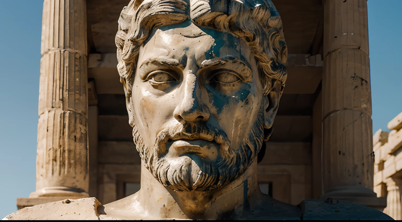 Ancient Stoic Statue With Very Angry Expression, tem barba, muitos detalhes em ambos os olhos, Outside, fundo atenas grego, open sky, com rosto extremamente detalhado full body view, Colors with low saturation with dark tone, Filmado em Sony A7S III com Sony FE 35mm f/1.8, 12.1 MP, --AR 3:2 --estilo cru