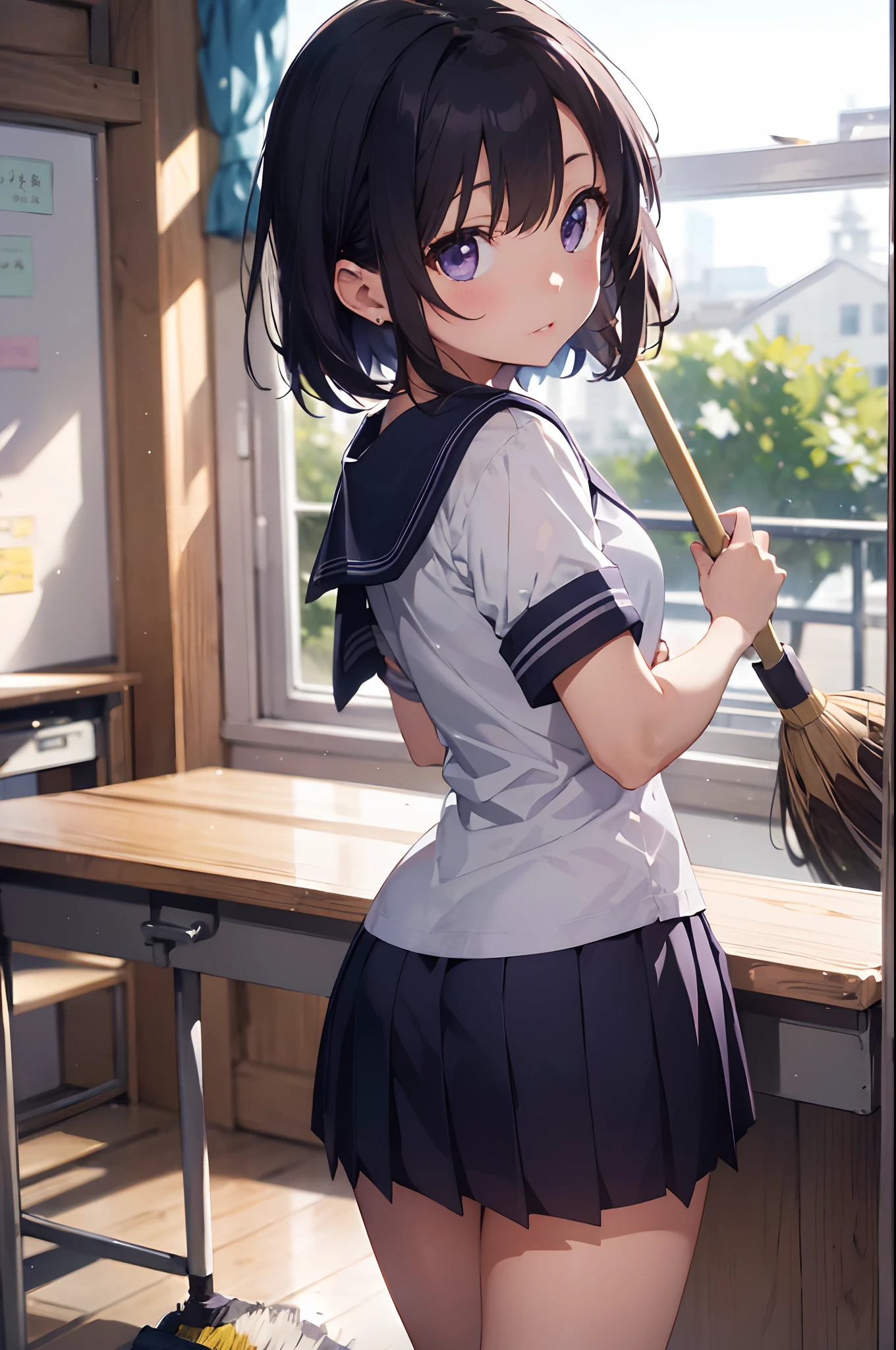 (:masterpiece, best quality, detailed, 8k, 4k, highres, detailed beautiful eyes:1.2)、(from behind、Looking back:1.2)、cowboy shot、foco nítido、Evening glow、beauitful face、Sharp pupils、18 year old beautiful girl、A slender、shinny skin、bob cuts、Beautiful dark purple hair、Purple eyes、inside in room、Classroom、(Have a broom、Bed cleaning:1.3)、a sailor suit、Navy blue pleated skirt、thighs thighs thighs thighs、