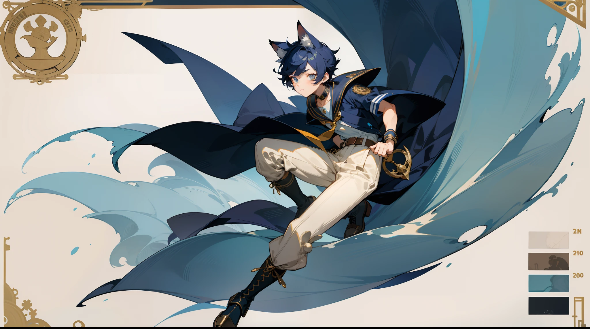 [ character design ], male character, character adoptable, full body character design, interesting character design, very stylized character design, full body adoptable, full character design, high quality character design, detailed character design, stylized character design, detailed full body concept, character design art, great character design, concept art, character sheet, navy theme, shota, male, boy, sailor, water, maritime, cute style, ocean theme, dark blue, glowing eyes, highly detailed outfit, shorts, badges, military cape, sailor hat, antique, mechanic, effeminate, lace, ruffles, detailed boots, garter belts, short boy, anime boy, cute boy, people table，character sheets, The same person）frontage，Lateral face, lovely boy, simple backgound, perfect face, detailed eyes, clear face, many accessories, gold motifs, white motifs, diver, captain, elegant, flowing accessories, chunky shoes, wedge shoes, steampunk accessories, cute boy, mechanical, splash art, steampunk, brass accessories, machinery, complex, detailed, clear face, perfect face, detailed eyes, navy, kemonomimi, animal ears, animal tail, wrist cuffs, large accessories