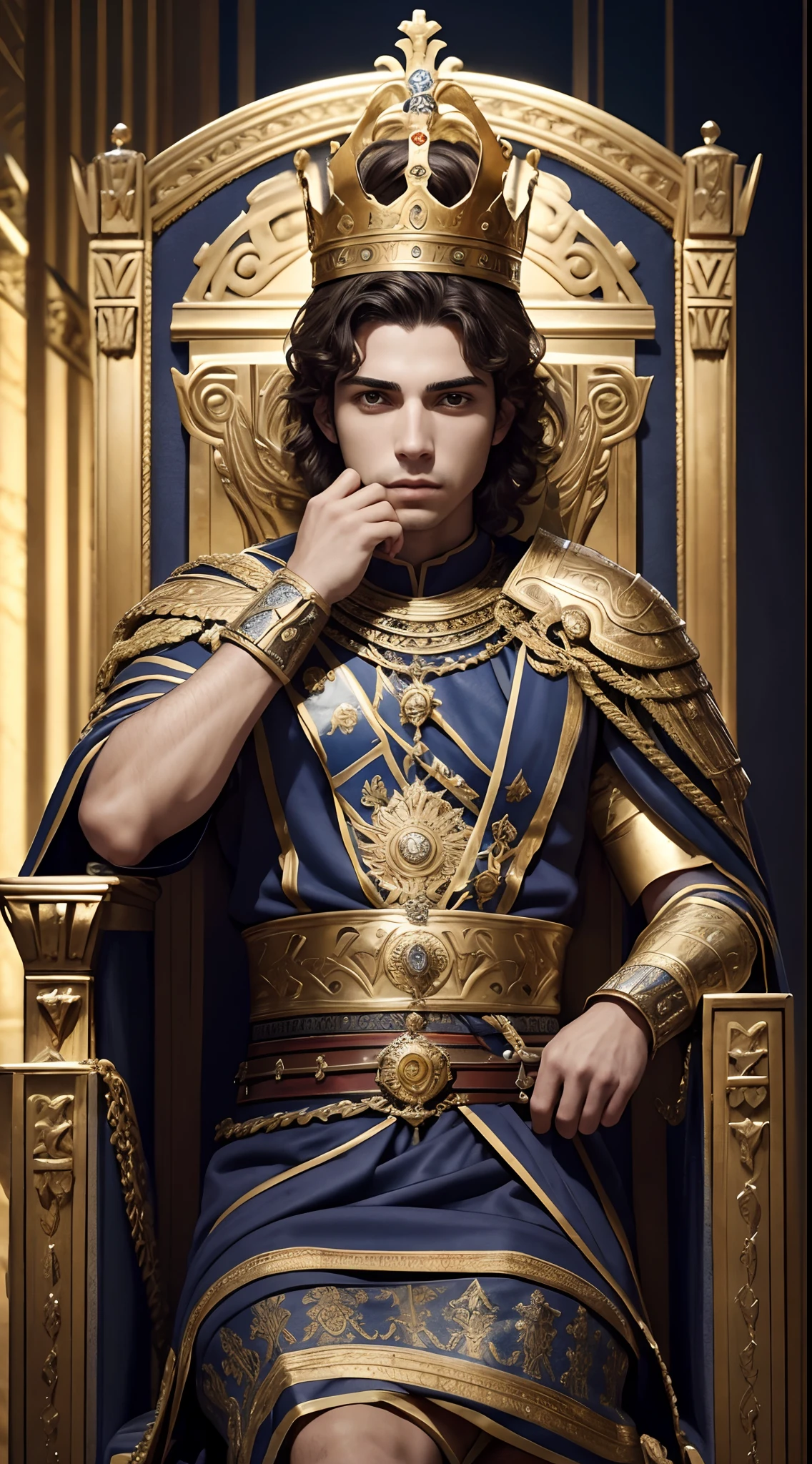 The young greek king sitting on the throne of the royal palace,(splendid,Epic composition),Be intimidating,ornate armour,A palatial crown,vague background,natural lightting,Highly detailed 8K