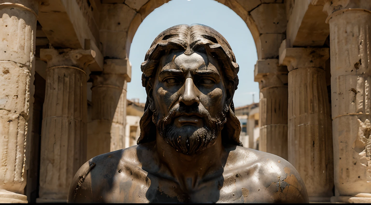 Ancient Stoic Statue With Very Angry Expression, tem barba, muitos detalhes em ambos os olhos, Outside, com rosto extremamente detalhado full body view, Colors with low saturation with dark tone, Filmado em Sony A7S III com Sony FE 35mm f/1.8, 12.1 MP, --AR 3:2 --estilo cru