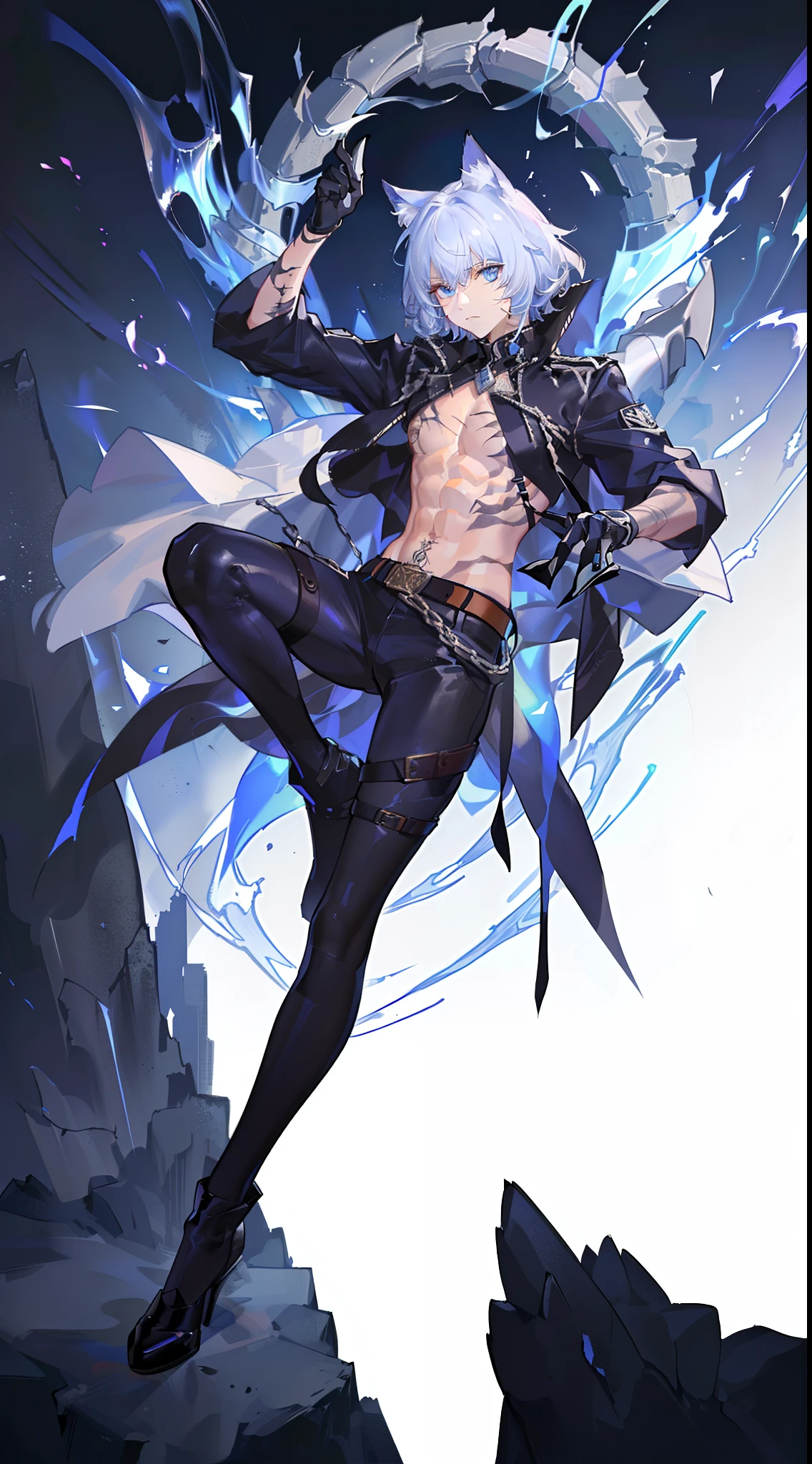 Grown-up guy, short white hair, cat ears, blue eyes, Combat uniform, musculature, open torso, belts, Scars, tattoo, claws, Masterpiece, hiquality, 4k, HD, Good detail