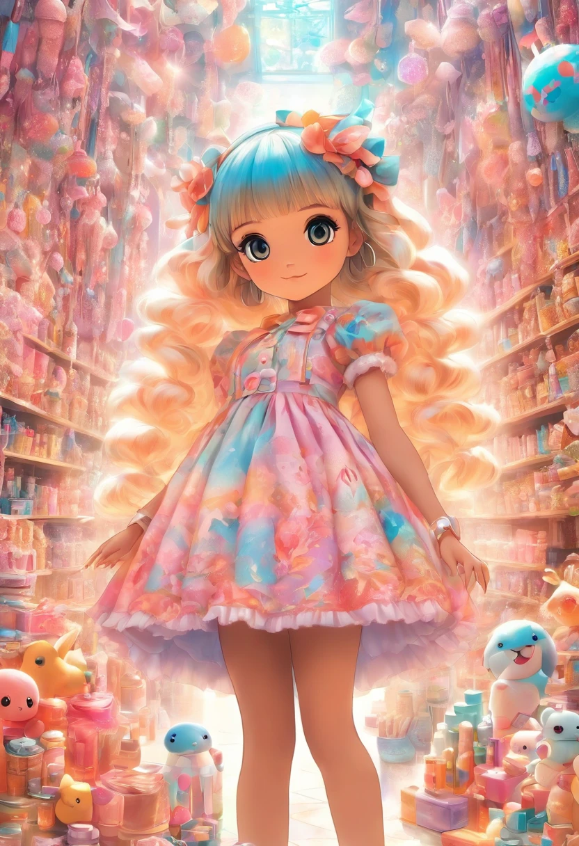 （Photo of a doll in a dress）, loli in dress, Loli, 
Background with：(All kinds of cosmetics for girls are neatly arranged:1.2) ，(Various girl accessories are neatly arranged:1.2) ，
The artwork in the Guvez style is of high quality、high-level image quality、Kawaii Scorpio、Unprecedented amount of drawing、
Sticker style，niji. Journey V5