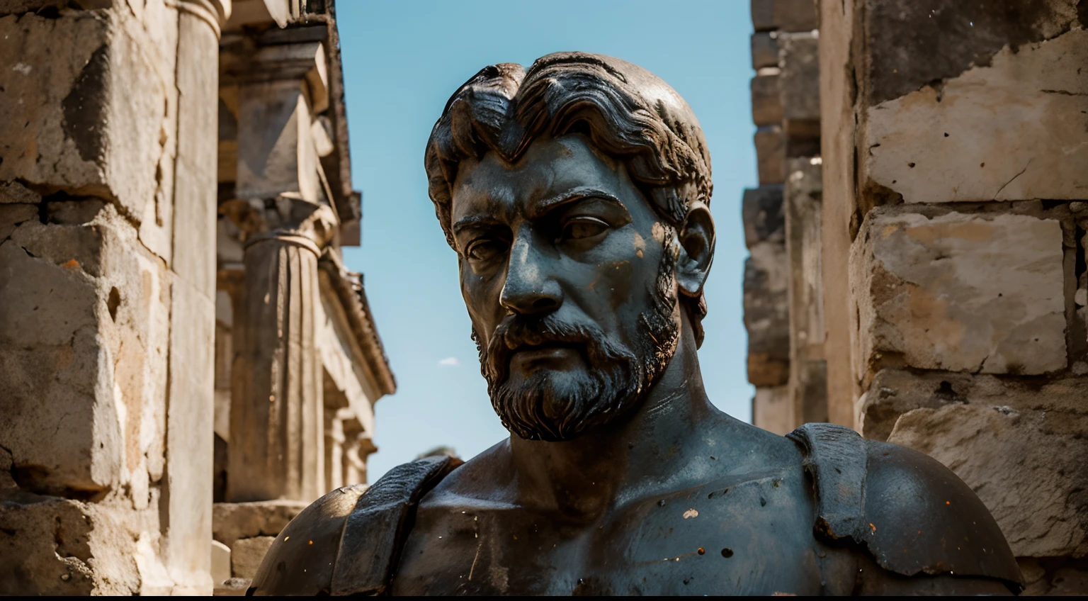 Ancient Stoic Statue With Very Angry Expression, tem barba, muitos detalhes em ambos os olhos, Outside, fundo atenas grego, open sky, com rosto extremamente detalhado full body view, Colors with low saturation with dark tone, Filmado em Sony A7S III com Sony FE 35mm f/1.8, 12.1 MP, --AR 3:2 --estilo cru