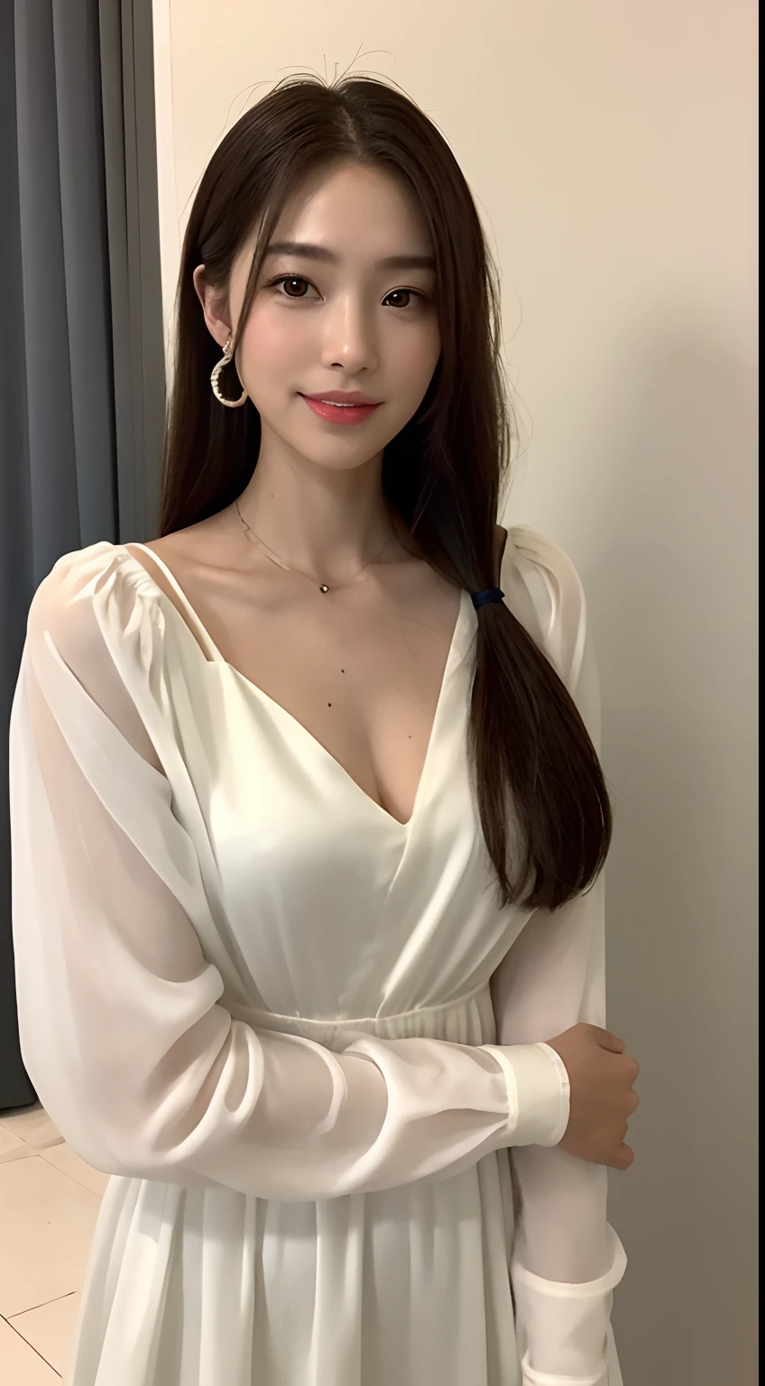 ((The highest image quality, 8K, tmasterpiece:1.3)), 1girll, Beautiful woman with slender abs:1.3, (casual hairstyle, No leakage of big breasts:1.1), V Neck Dress:1.1, Silk dress，Ultra-fine face, A detailed eye, 二重まぶた，ssmile，Home，adolable，Parted Lip，japanaese girl，a 