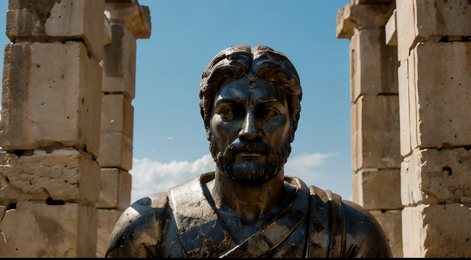 Ancient Stoic Statue With Very Angry Expression, tem barba, muitos detalhes em ambos os olhos, Outside, fundo atenas grego, open sky, com rosto extremamente detalhado full body view, Colors with low saturation with dark tone, Filmado em Sony A7S III com Sony FE 35mm f/1.8, 12.1 MP, --AR 3:2 --estilo cru