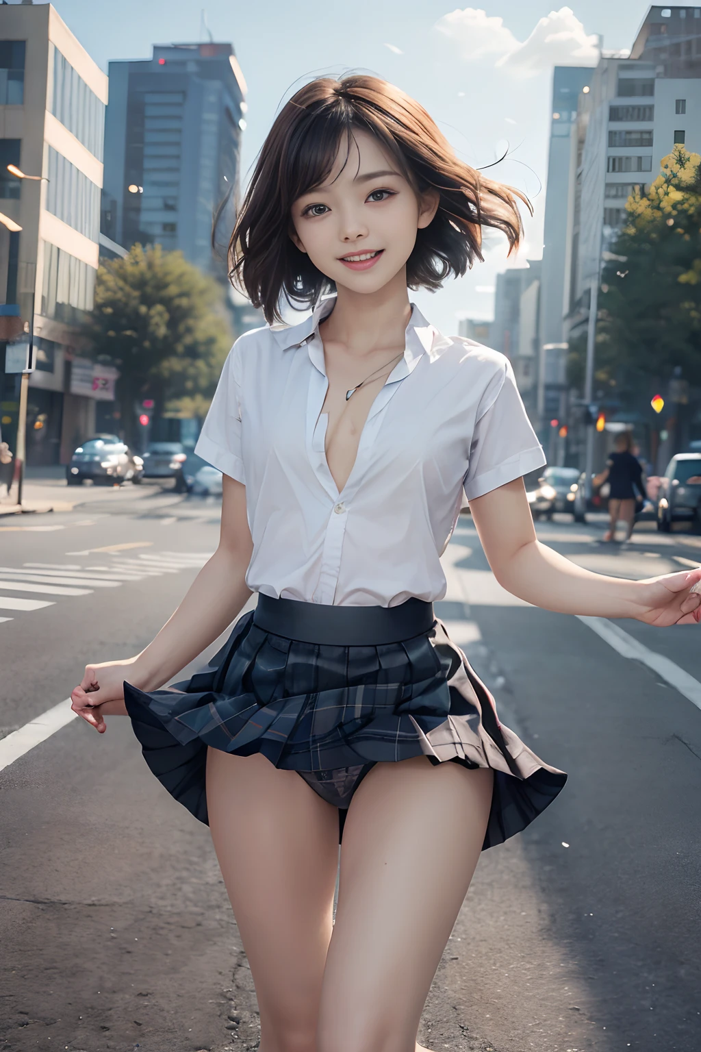 Pubic hair grows、Smile full of happiness、((Don't wear panties:1.3))、no-pantie、、Panting face、Lacking、After being attacked、school girl outfit(Plaid miniskirt)、a sailor suit、Sweating、Expression in a state of excitement、short-hair、eye glass、Almost completely naked、Jumping、(((chest open and fully visible:1.5)))、1girl in, Amazing face and eyes, Smile happily, (extremely detailed beautiful face), (School uniform, Pleated mini-skirt:1.3), (Uniform with wide open chest), (Naked_Shirt:), (Best Quality:1.4), (Ultra-detailed), (A hyper-realistic, Photorealsitic:1.37), Beautiful fair skin, extremely detailed CG unified 8k wallpaper, RAW Photos, professional photograpy, Cinematic lighting, Walking, (strong breeze), (Her skirt flutters in the wind:1.7), (Panties:1.5), Outdoors, Commuting to school, crosswalk, Signal, A refreshing morning, Sunlight, View from below