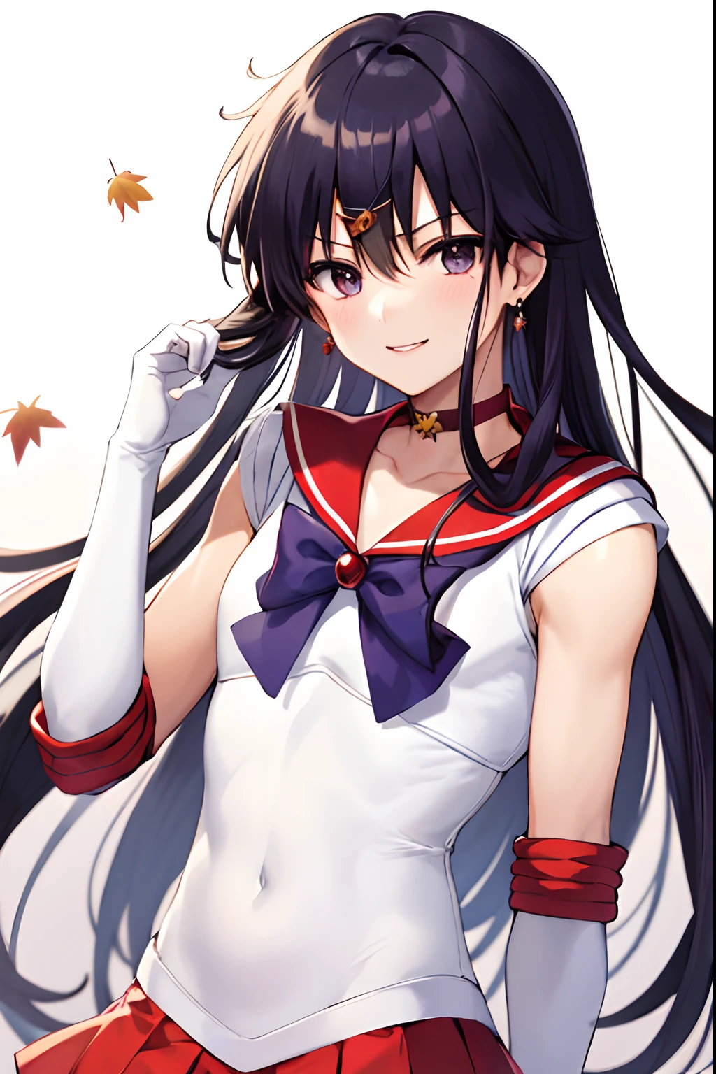 Sailor Mars、Anime Boy、Cool anime boys、gender change、gender change(Girls to boys)、Sailor Senshi Uniform、Rei Hino、solo、Red sailor collar、Blue bow tie、autumn_leaves、Boy with very long black hair、rating:safe、Flames around him、Magical Boy、a red choker、White leotard、robe blanche, maple_leaf, traditional_media、autumn、leaf、marker_(medium)、neck、upper_body、elbowgloves、makeup、jewelry、circlet、looking_at_viewer、white glove、eyeslashes、lips、smile、Red mini skirt、collarbone、Bare shoulders、bangs、耳Nipple Ring、Boy with Purple Eyes、Boy with Black Eyes、multicolored_background、covered_navel、