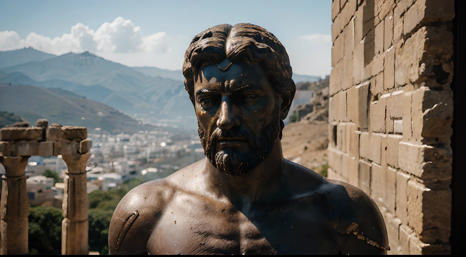Ancient Stoic Statue With Very Angry Expression, tem barba, muitos detalhes em ambos os olhos, Outside, fundo atenas grego, open sky, com rosto extremamente detalhado full body view, Colors with low saturation with dark tone, Filmado em Sony A7S III com Sony FE 35mm f/1.8, 12.1 MP, --AR 3:2 --estilo cru