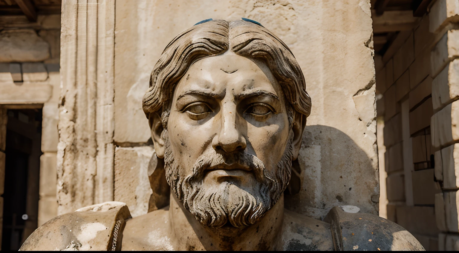 Ancient Stoic Statue With Very Angry Expression, tem barba, muitos detalhes em ambos os olhos, Outside, fundo atenas grego, open sky, com rosto extremamente detalhado full body view, Colors with low saturation with dark tone, Filmado em Sony A7S III com Sony FE 35mm f/1.8, 12.1 MP, --AR 3:2 --estilo cru