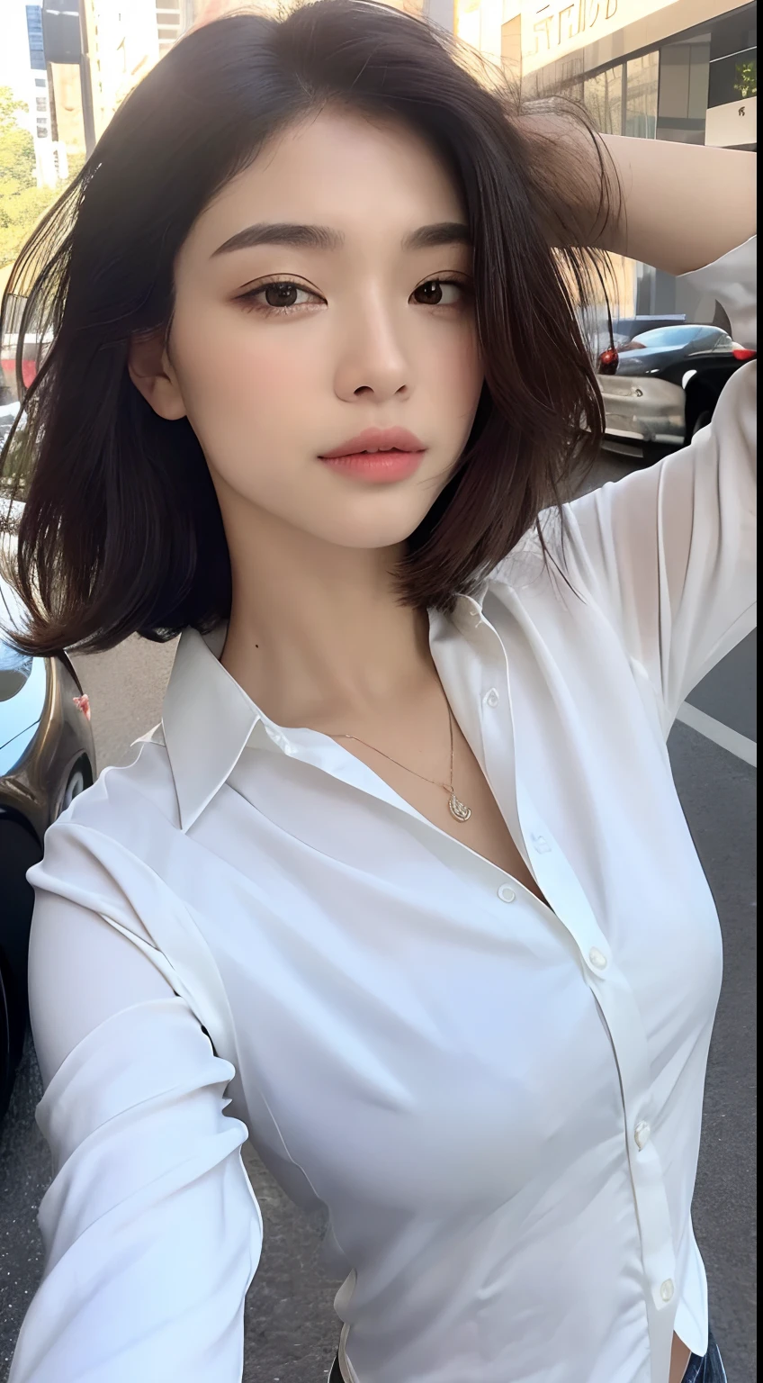 ((Top Quality, 8k, Masterpiece: 1.3)), Crisp Focus: 1.2, Beautiful Women in Perfect Style: 1.4, Slender Abs: Bed ((Bob Hair, Big: 1.2)), Long Shirt (White Button Up: 1.1)), Street: 1.2, Highly Detailed Face and Skin Texture, Detailed Eyes, Double Eyelids
