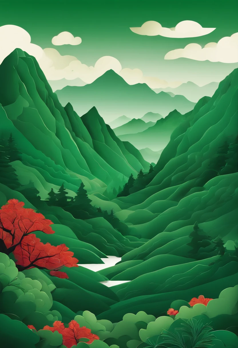 Green mountains like jade々, Green Mountain々Mountains of々, pine trees, Clouds, Paper cutting style