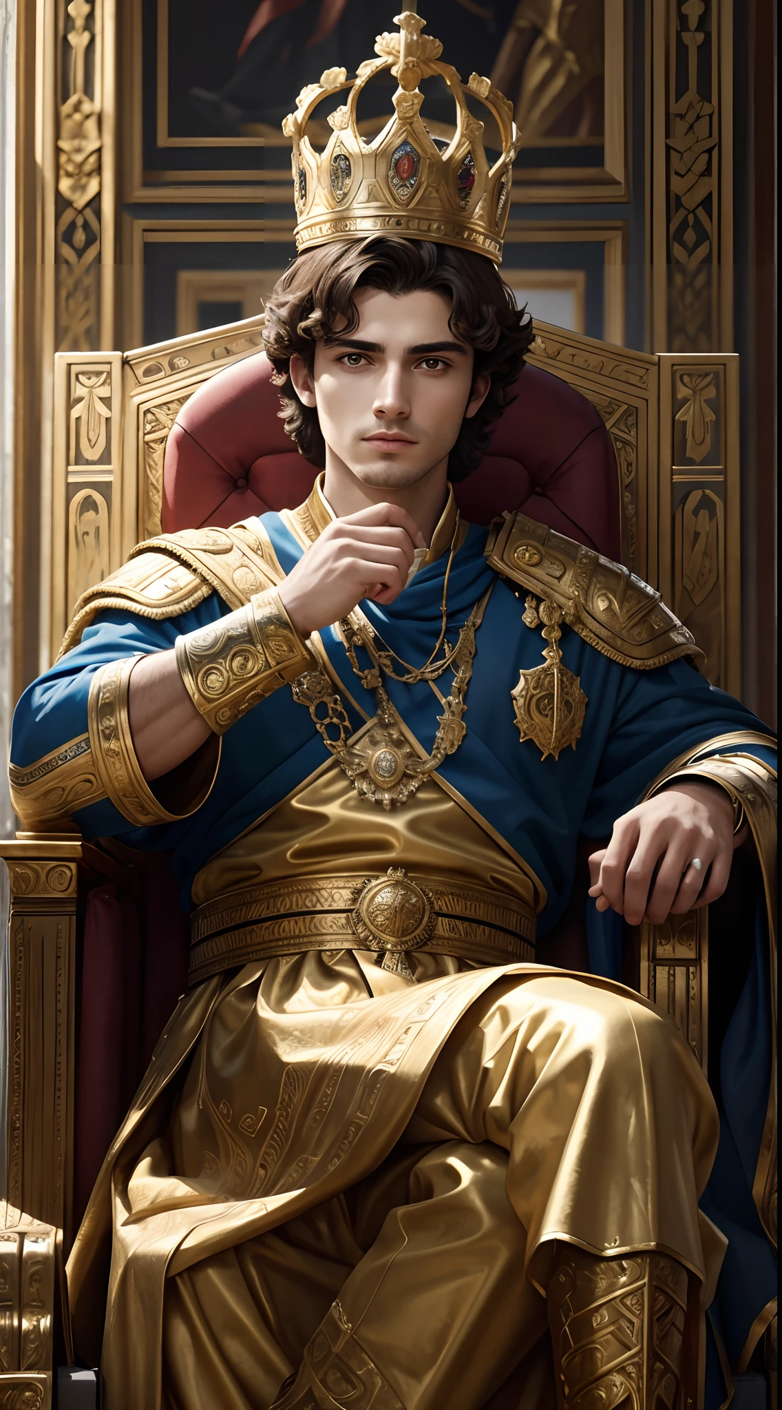 The young greek king sitting on the throne of the royal palace,(splendid,Epic composition),Be intimidating,ornate armour,A palatial crown,vague background,natural lightting,Highly detailed 8K