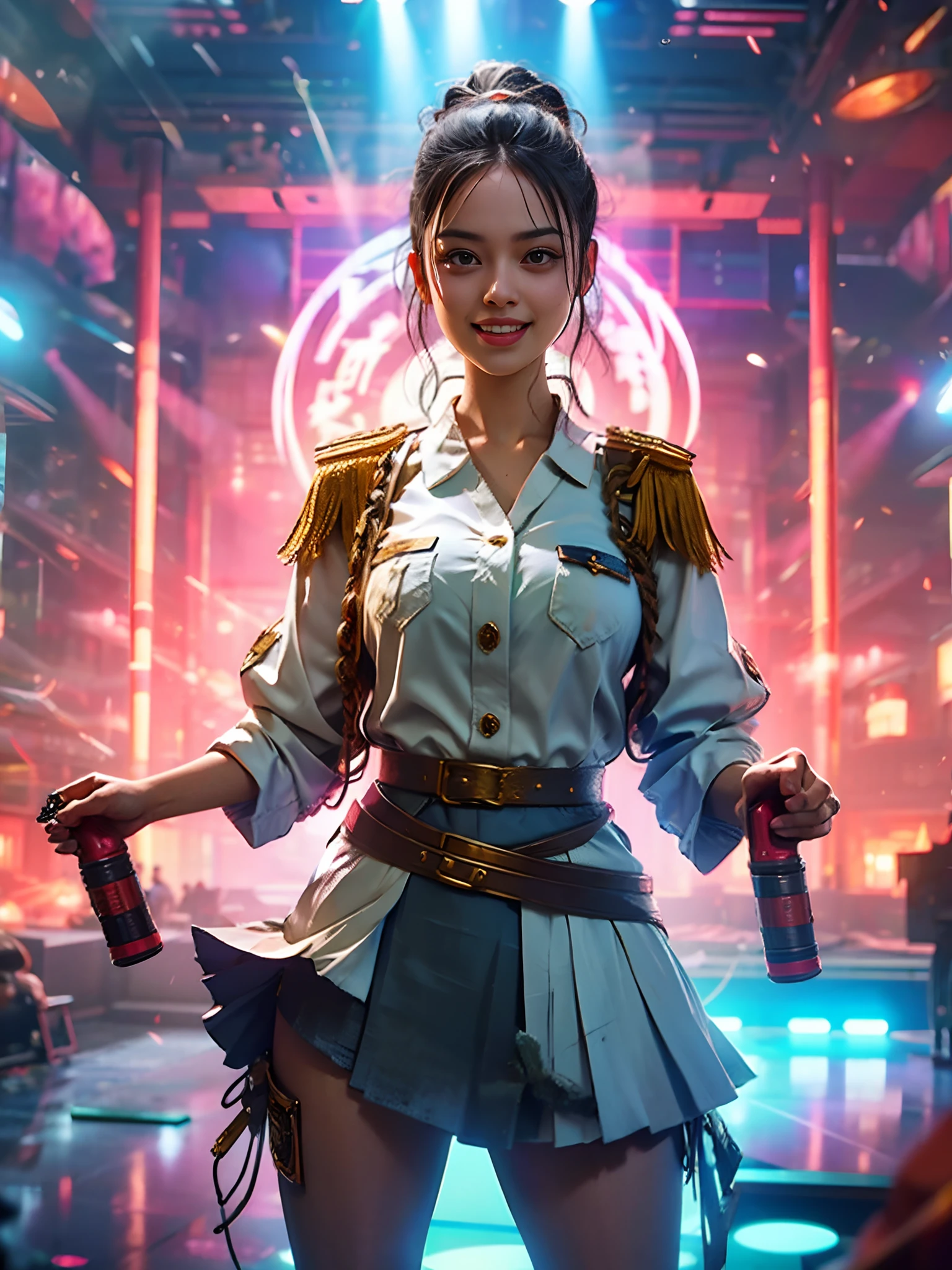 Garota policial (realista) muito detalhada, corpo perfeito, foto realista, vestindo roupa de policial, Short skirt, de costas, with a gun in hand, olhando para o visualizador, sorriso travesso, On a dance stage