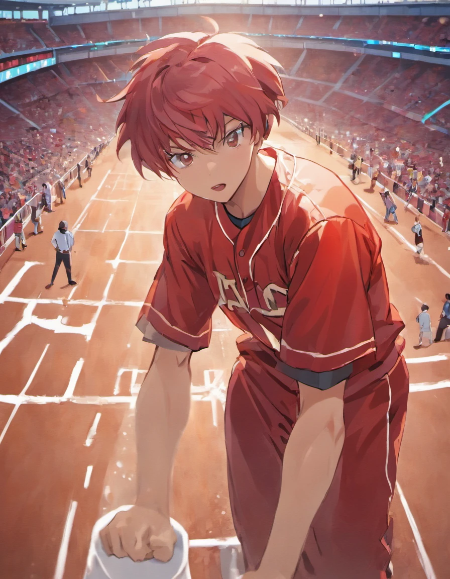 baseball、A lot of macho men、A large number of adult males、Musculoskeletal augmentation々、A large number of athletes、Red Baseball Uniform、The background is a baseball field、Playing a baseball game