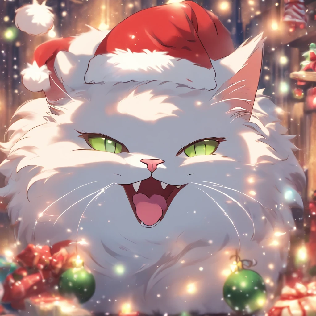 White Cat Christmas，biologically correct，A cat in a Santa hat，Very fun