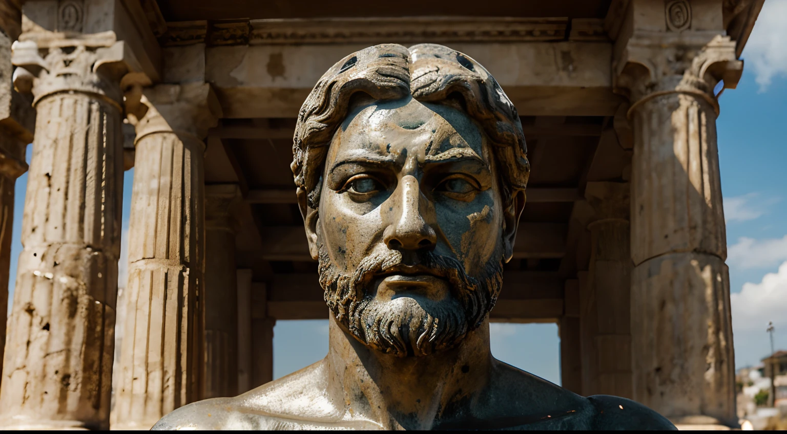 Ancient Stoic Statue With Very Angry Expression, tem barba, muitos detalhes em ambos os olhos, Outside, fundo atenas grego, open sky, com rosto extremamente detalhado full body view, Colors with low saturation with dark tone, Filmado em Sony A7S III com Sony FE 35mm f/1.8, 12.1 MP, --AR 3:2 --estilo cru