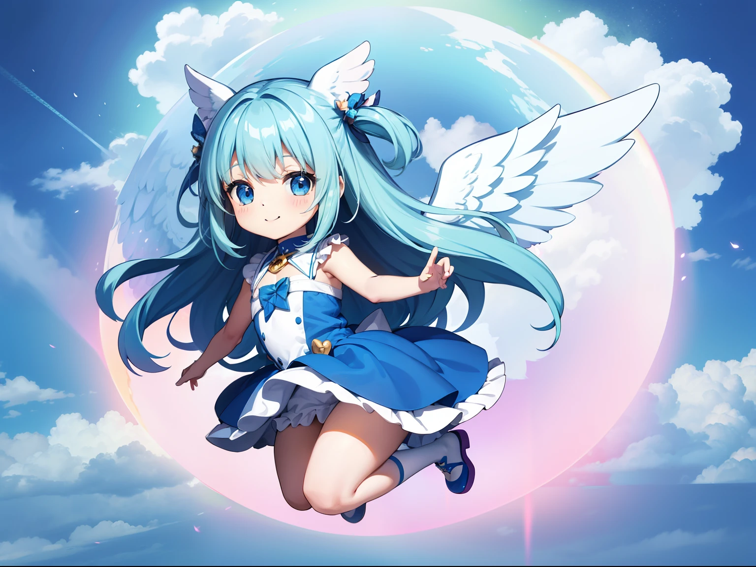 adorable smiling With colorful angel wings、Flying in the sky。long hair with blue hair((Chibi Chara))、Girl in cute costume、Chibi Chara、full body Esbian、Pastel colors hair、masutepiece、top-quality、Large in the center