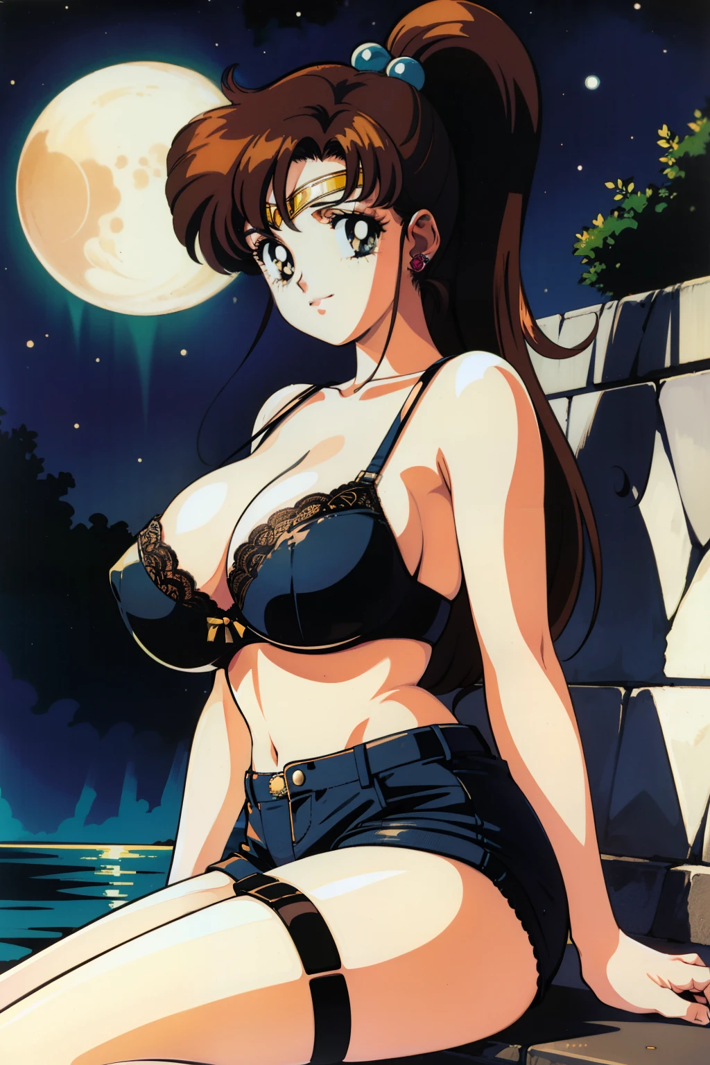 best quality, high resolution, 1990s \(style\), retro artstyle, 1990s anime cels style, night, huge breasts, curvy, sitting, black lace bra, black lace panties, garter belt, ponytail, (clothed:1.3), tiara, jewelry, earring