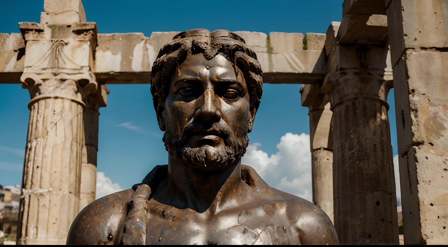 Ancient Stoic Statue With Very Angry Expression, tem barba, muitos detalhes em ambos os olhos, Outside, fundo atenas grego, open sky, com rosto extremamente detalhado full body view, Colors with low saturation with dark tone, Filmado em Sony A7S III com Sony FE 35mm f/1.8, 12.1 MP, --AR 3:2 --estilo cru