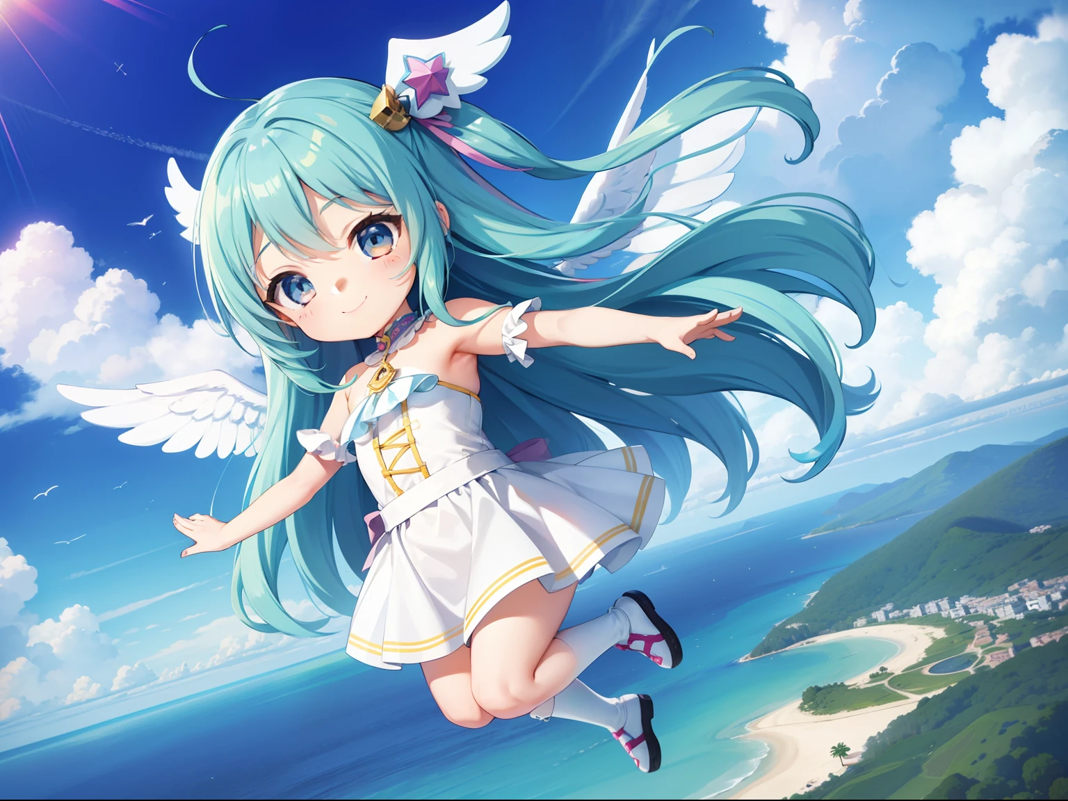 adorable smiling With colorful angel wings、Flying in the sky。long hair with blue hair((Chibi Chara))、Girl in cute costume、Chibi Chara、full body Esbian、Pastel colors hair、masutepiece、top-quality、Large in the center