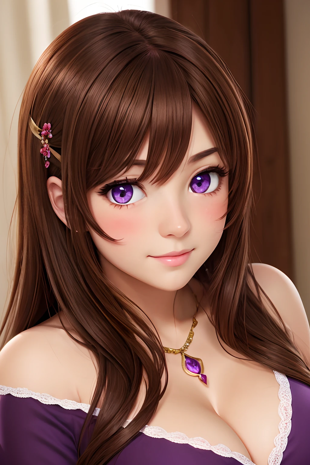 1 heroine, very detailed faces, all body, long brown hair, bust, , Big round purple eyes, The most beautiful face, big and regular breasts, red blush