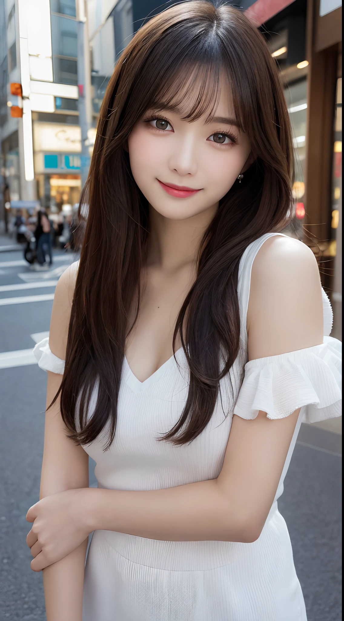 masutepiece, Best Quality, Illustration, Ultra-detailed, finely detail, hight resolution, 8K Wallpaper, Perfect dynamic composition, Beautiful detailed eyes, Women's Fashion Summer,Medium Hair,small tits,Natural Color Lip, Bold sexy poses,Smile,Harajuku、20 years girl、Cute、Sexy shot looking at camera
