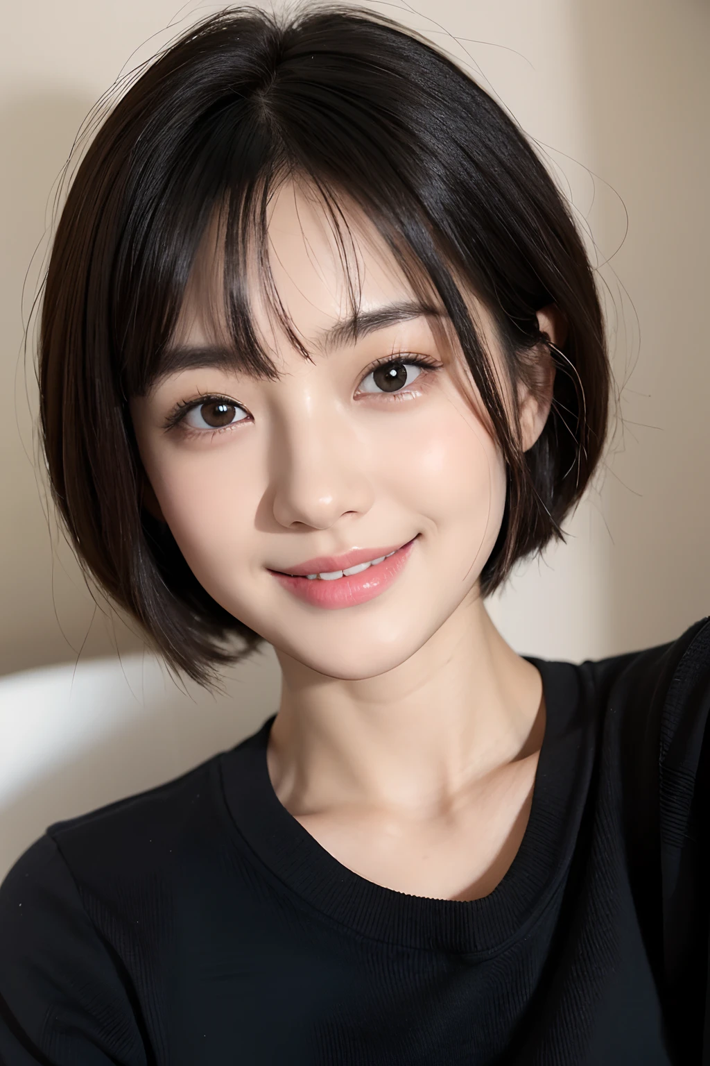 Highest quality, Super Fine, 16K, Incredibly absurd, Very detailed, 2.5D, Delicate and dynamic depiction, A beautiful Japanese woman, 30 years old、 cute and charming smile, Bob Cut Hair、Casual clothing, Dreamy Effects