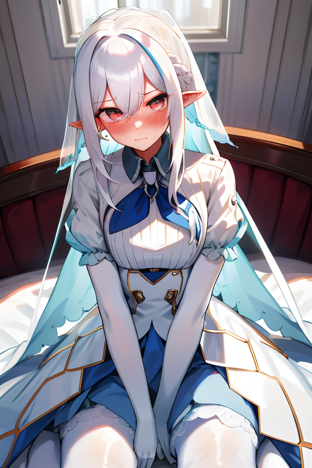 One girl with long hair, white hair, looking at viewer, embarrassed, blushing, indoor , wedding dress, wedding veil, thigh, pointy ears, perfect waist, pantyhose, bed, sit on, spread legs